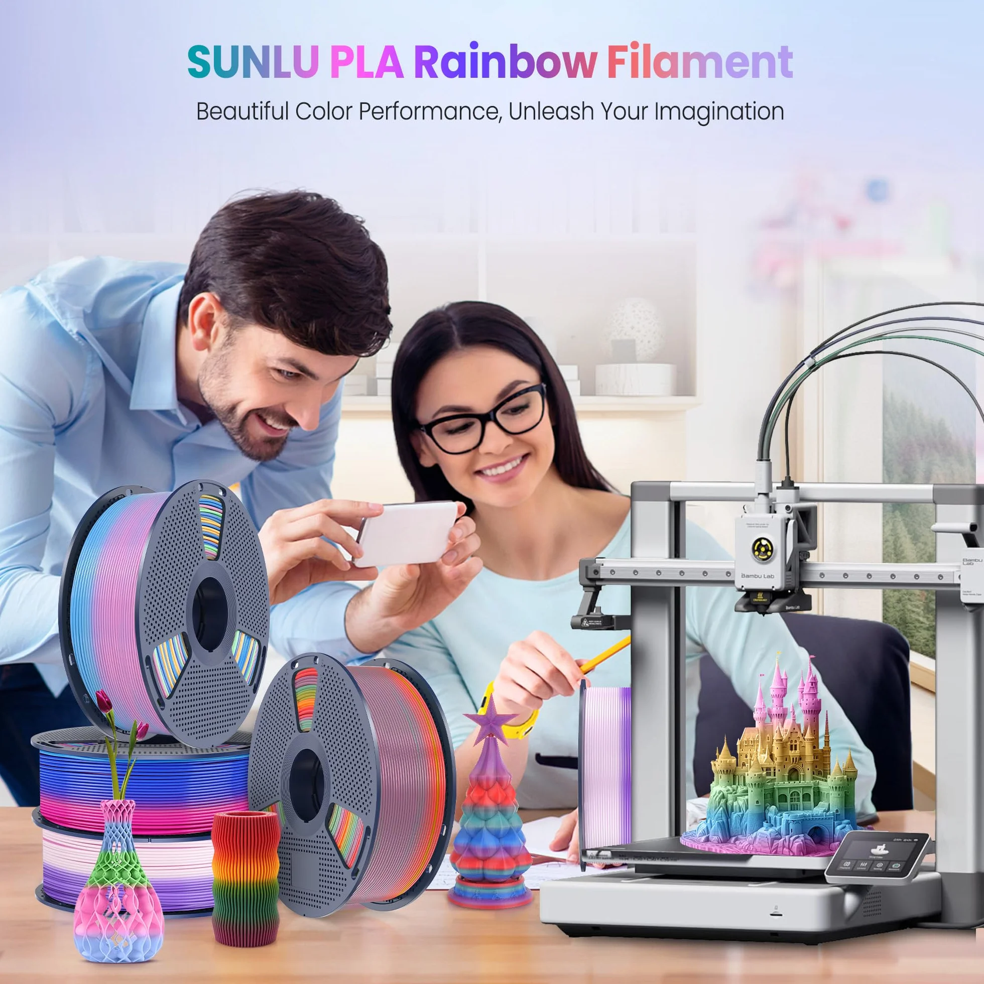 SUNLU Rainbow PLA Filament 1,75 mm ± 0,02 mm 4 kg 4 rolki gradient do drukarki 3D