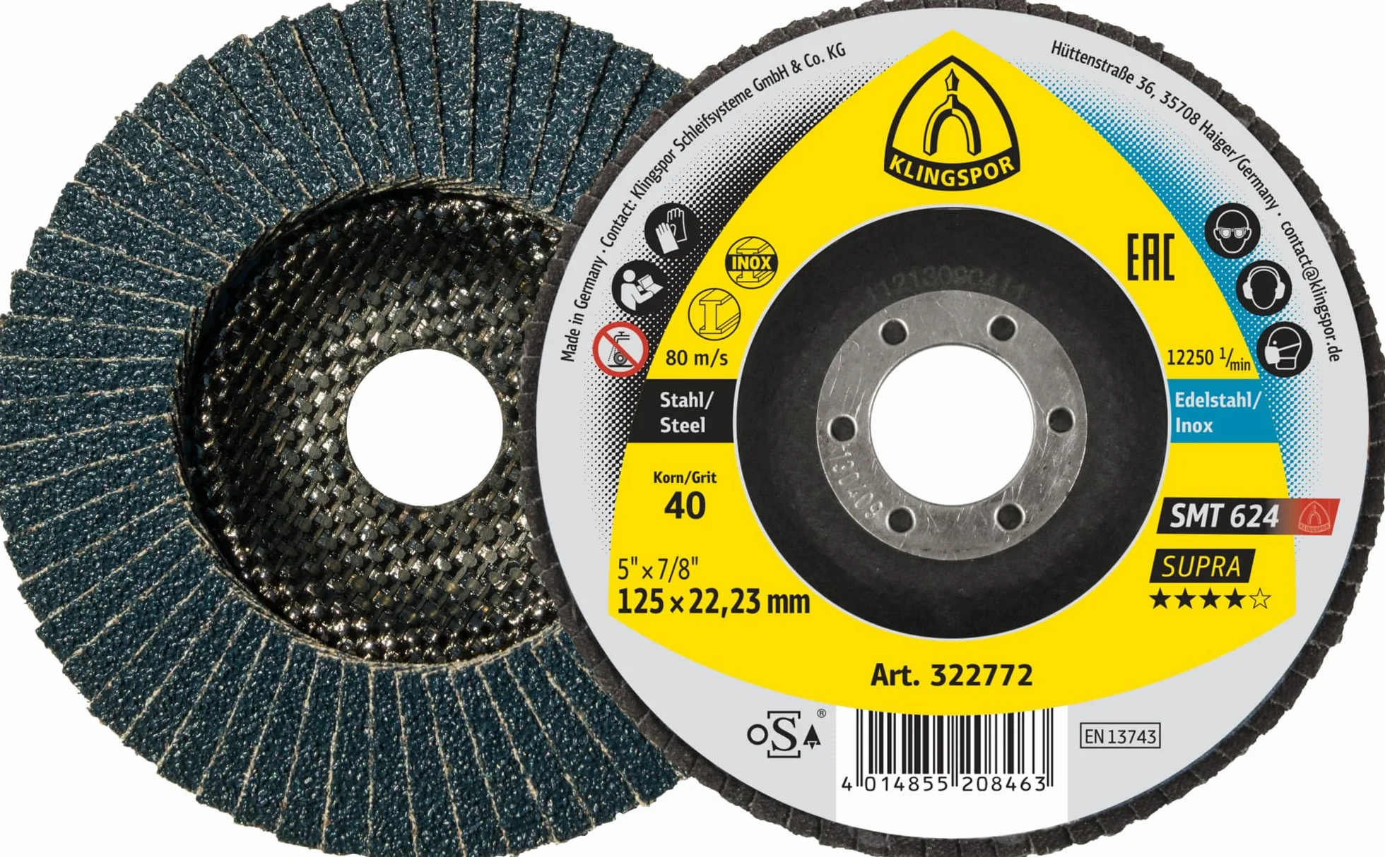 SMT 624 Supra talerz szlifierski 125 x 22,23 mm ziarnistość 40 wypukły do stali nierdzewnej