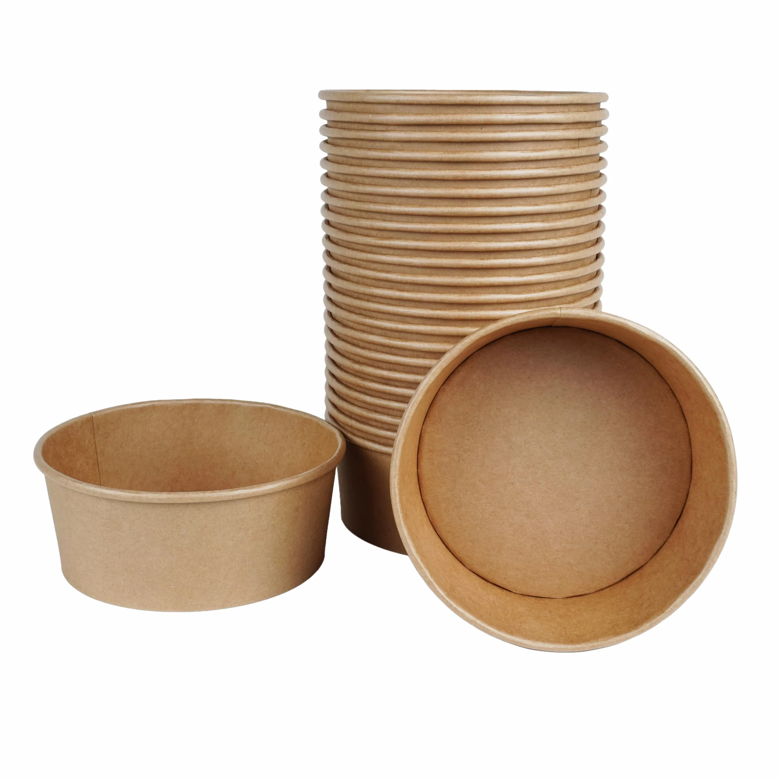 Inoverse 50 sztuk Kraft, miseczki do sałatek z pokrywką 750 ml, jednorazowe kubki do sałatek, przekąski, zup, musli, okrągłe, z twardego papieru, brązowe
