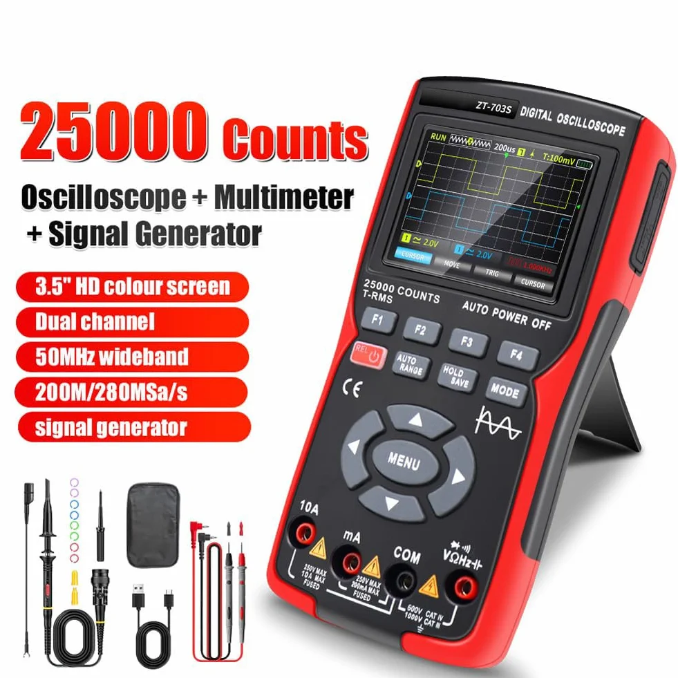 Oscyloskop 3 w 1, oscyloskop Pasmo 50 MHz, częstotliwość próbkowania 280 MS, dwukanałowe przechowywanie danych, z automatycznym pomiarem i identyfikacją kształtu fali