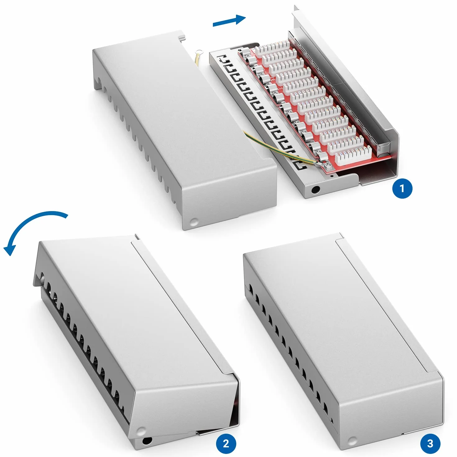 deleyCON CAT 6a Patch Panel Krosownica 12 Portów 1U Ekranowany RJ45 LAN RAL 7035 Jasnoszary