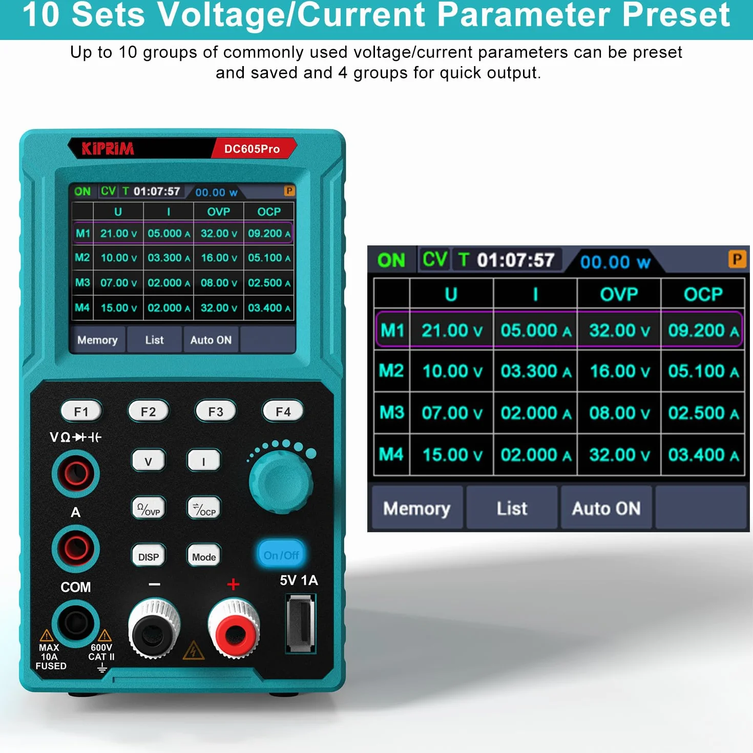 Kiprim Zasilacze laboratoryjne 2 w 1 i programowalny multimetr (0-60 V, 0-5 A) DC605Pro Regulowane zasilacze z pamięcią danych, OCP, OVP, oprogramowaniem PC i ładowaniem USB