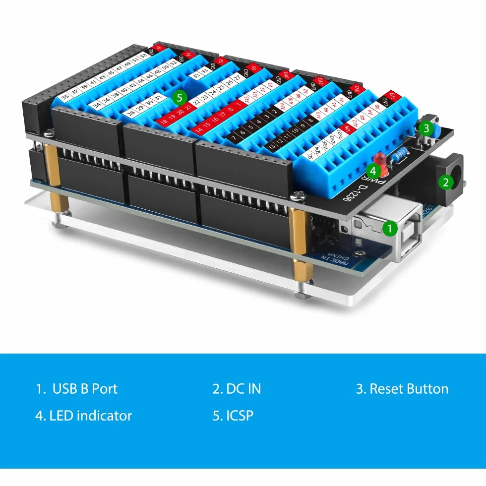 GeeekPi MEGA 2560 R3 Płytka rozruchowa z przyciskiem resetu i wskaźnikiem LED, moduł rozruchowy z rozszerzeniem GPIO dla Arduino MEGA 2560 R3