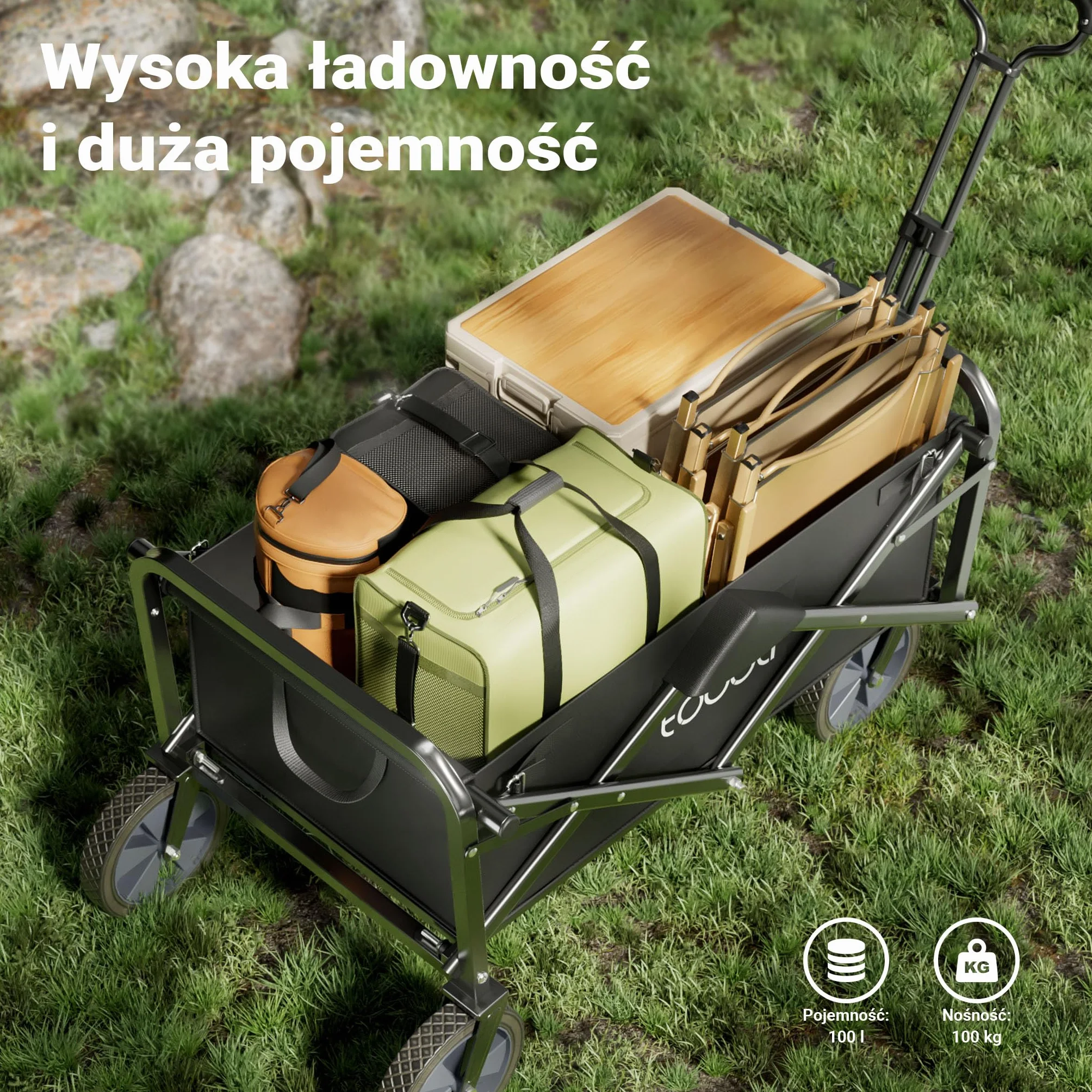 Składany wózek transportowy z teleskopowym uchwytem do 100 kg, kompaktowa przyczepka kempingowa, solidny wózek plażowy, turystyczny i ogrodowy