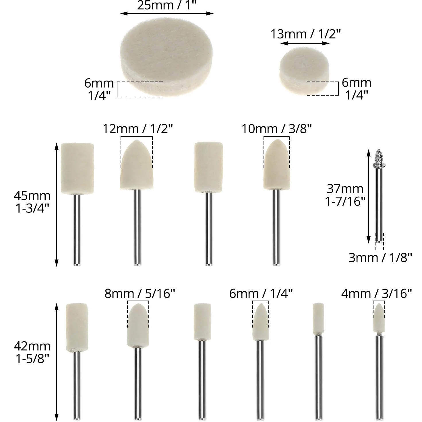 QWORK Zestaw 80 kół polerskich z filcu wełnianego, kompatybilny z Dremel, głowice polerskie Ø4-25 mm, pręt 3 mm