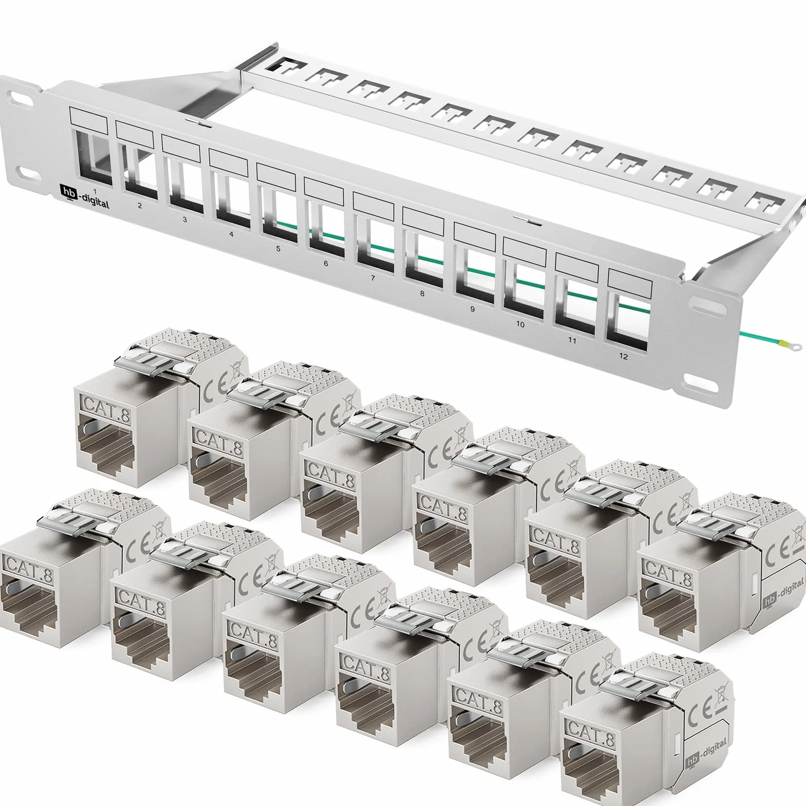 Panel krosowy 12 portów 1HE CAT 8 Keystone RJ45 Ethernet LAN 40 Gbit 10" jasnoszary