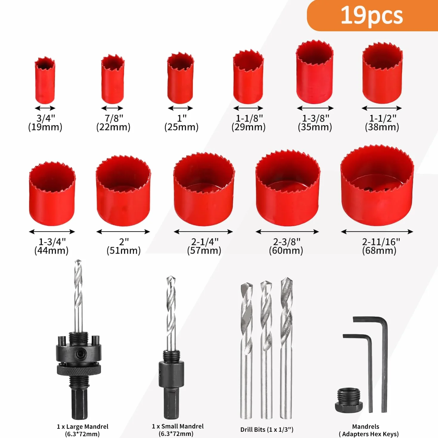 M42 bimetaliczny zestaw otwornic, 19 szt., metalowe wiertła do puszek, wiertło do otwornic, do cięcia okrągłych (19-68 mm), głębokość cięcia 38 mm do deski drewnianej, płyty PCV, deski