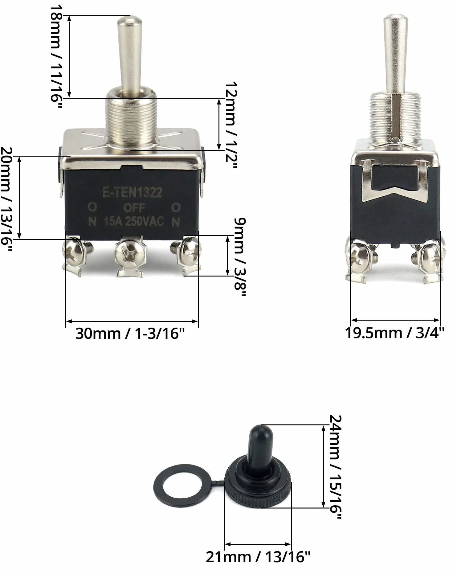 QWORK® Przełącznik dwustabilny, AC380V 15A / AC250V 10A 3 pozycja 6 Terminal ON-Off-ON Przełącznik kołyskowy z czarną wodoodporną osłoną, 3 szt.