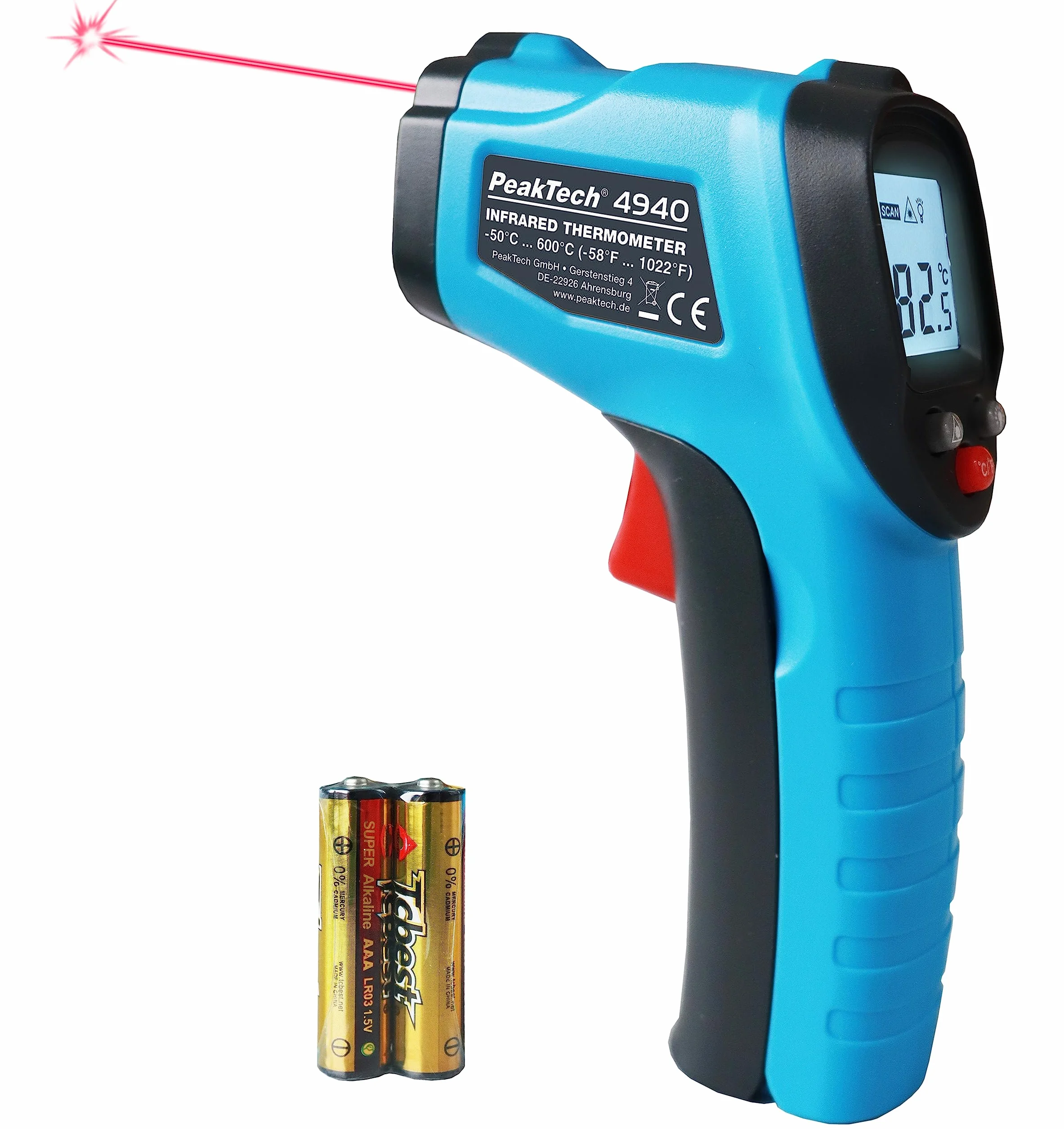 PeakTech 4940 termometr na podczerwień pirometr z laserem -50°C 600°C 12:1 0,5s emisyjność 0,95
