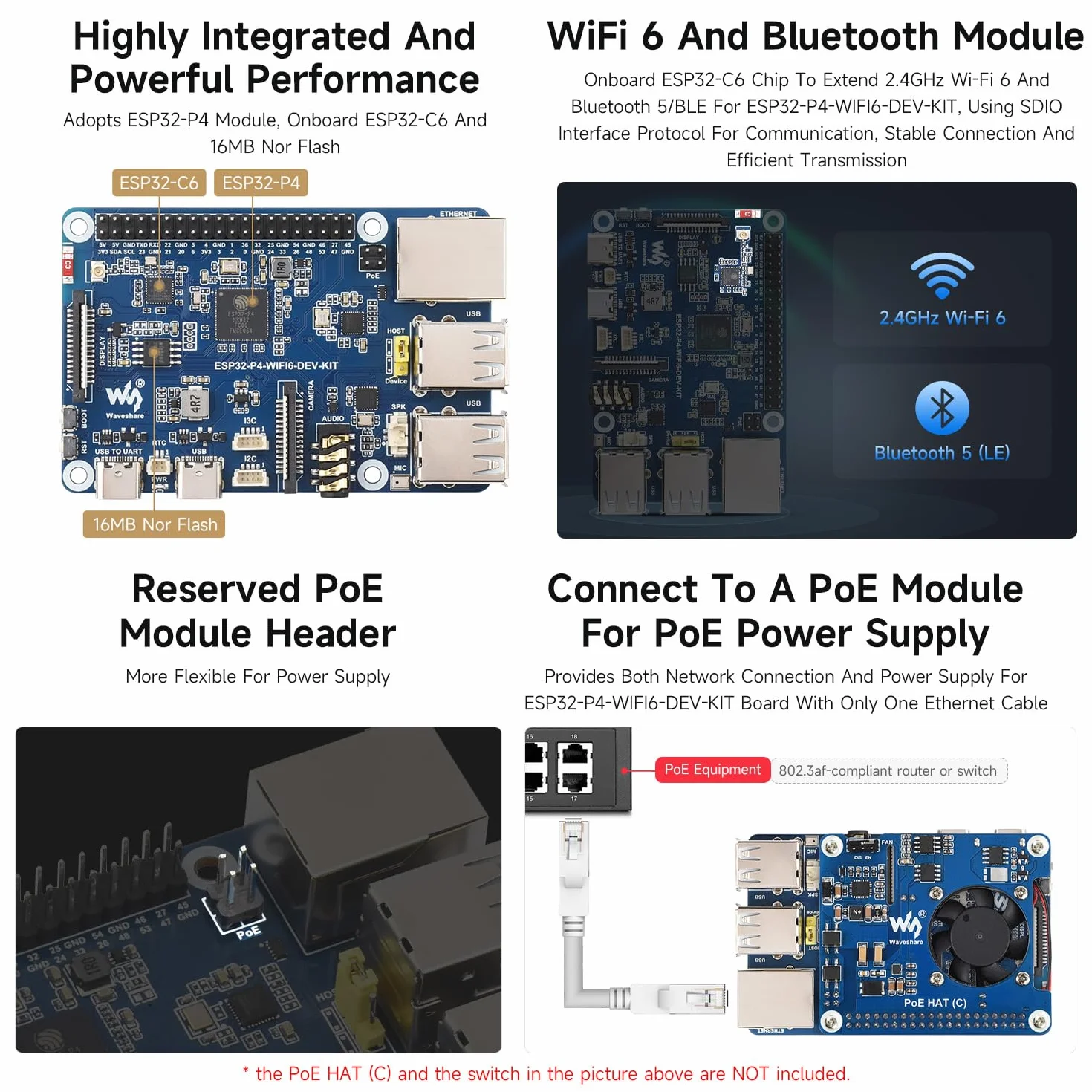 Waveshare ESP32-P4-WIFI6-DEV-KIT High-Performance Development Board, Based on ESP32-P4 & ESP32-C6, Supports Wi-Fi 6, BT 5 & BLE 5, Bundle with Board and Speaker