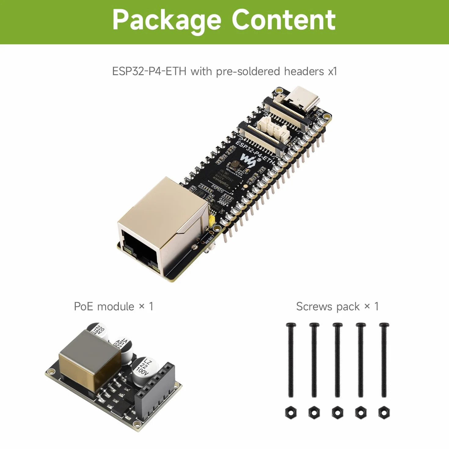 Waveshare ESP32-P4-ETH High-Performance Development Board, Based On ESP32-P4, with 100 Mbps RJ45 Ethernet Port, with Pre-Solder Pin Headers, Bundle with a PoE Module, 3 Items