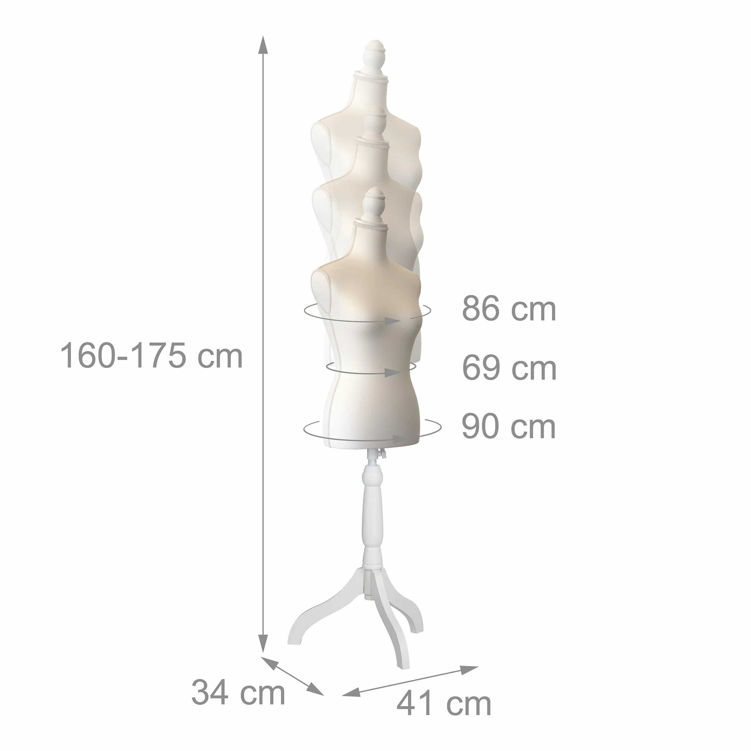 Relaxdays Manekin Biały Sukienka Damska Rozmiar 36/38 Regulacja Wysokości 160-175 cm Drewniana Podstawa