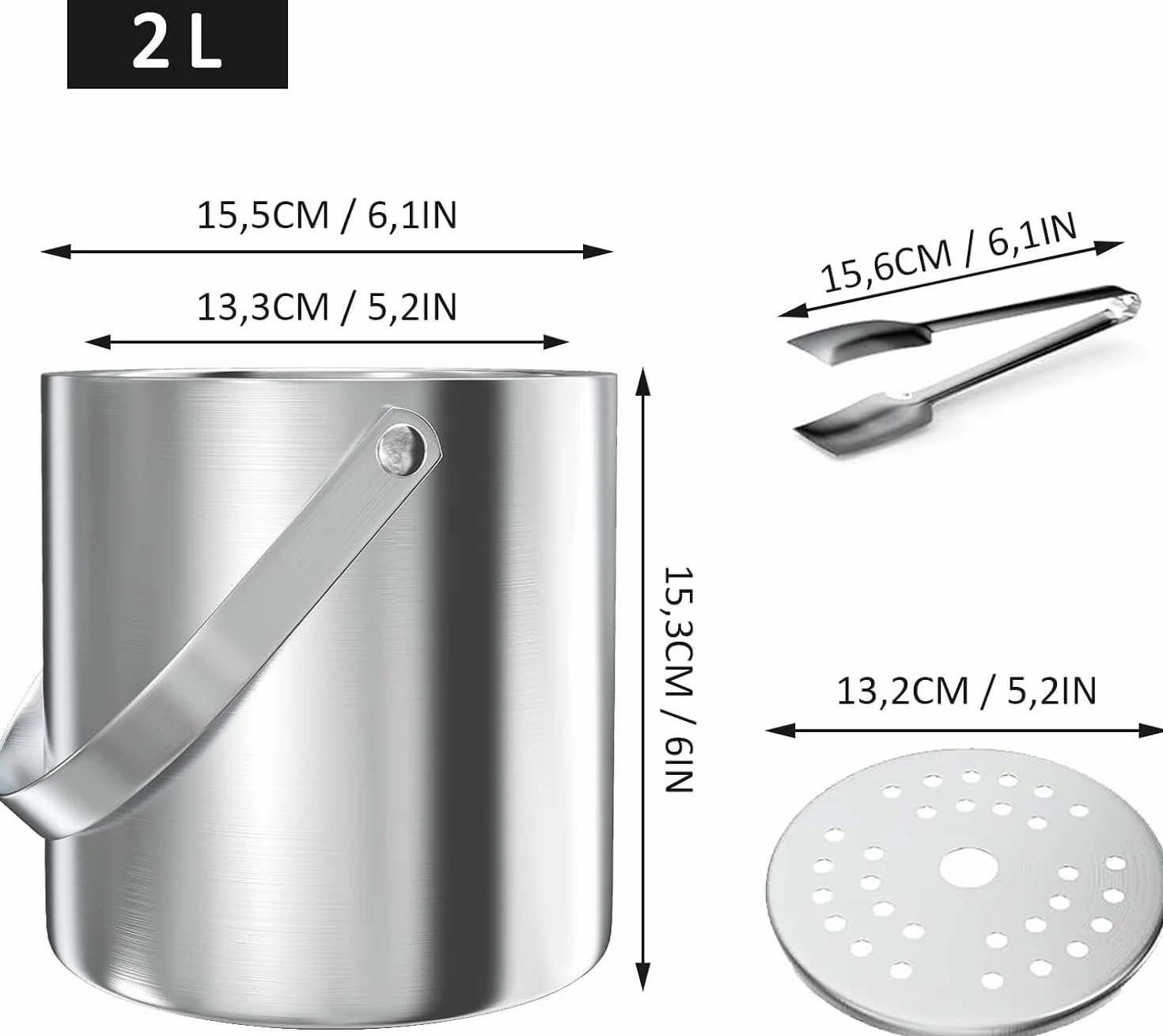 Ice Cube Tray, pojemnik na kostki lodu, 2 l, ze stali nierdzewnej, z sitkiem i szczypcami do lodu, do przechowywania lodu i chłodzenia napojów, kolor srebrny