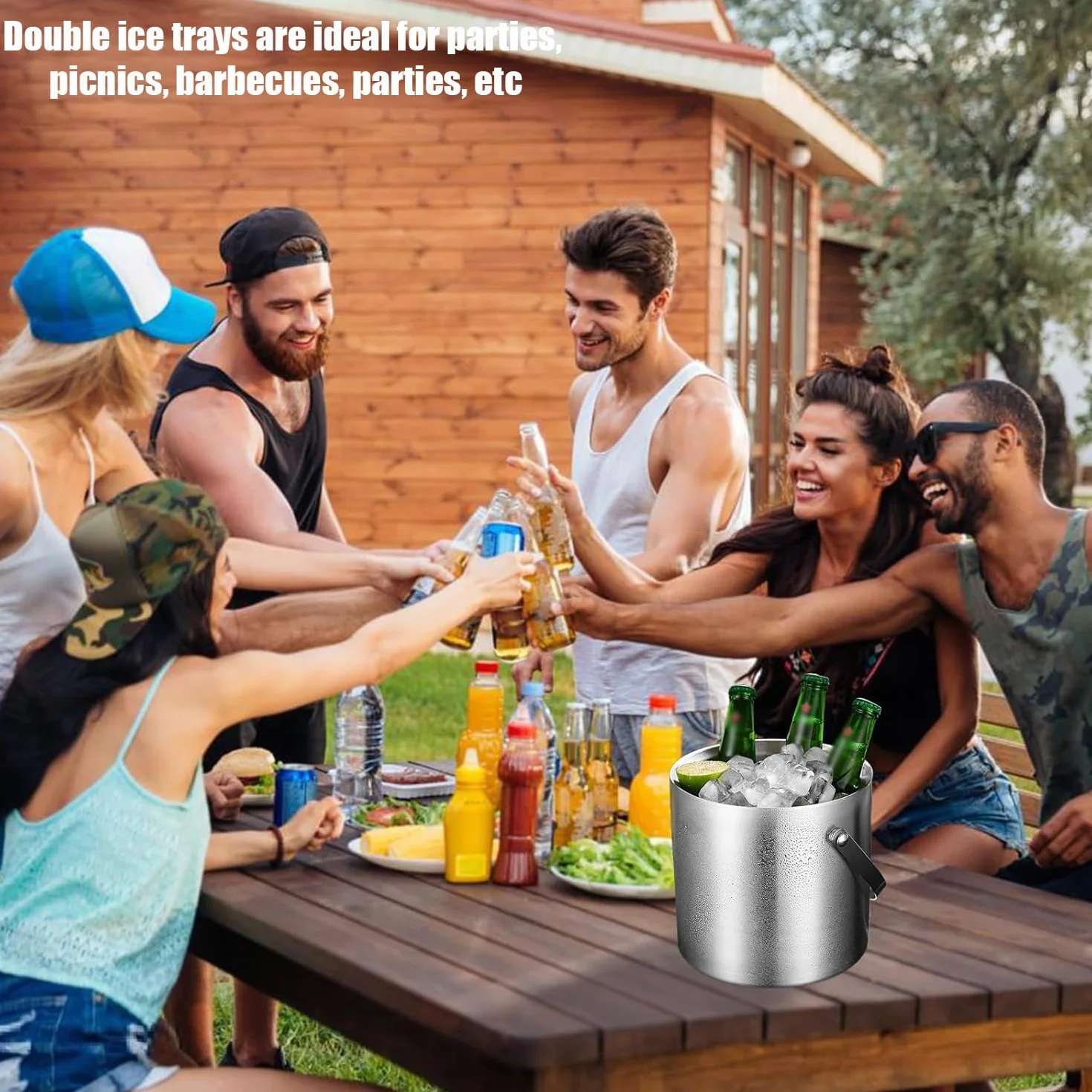 Ice Cube Tray, pojemnik na kostki lodu, 2 l, ze stali nierdzewnej, z sitkiem i szczypcami do lodu, do przechowywania lodu i chłodzenia napojów, kolor srebrny