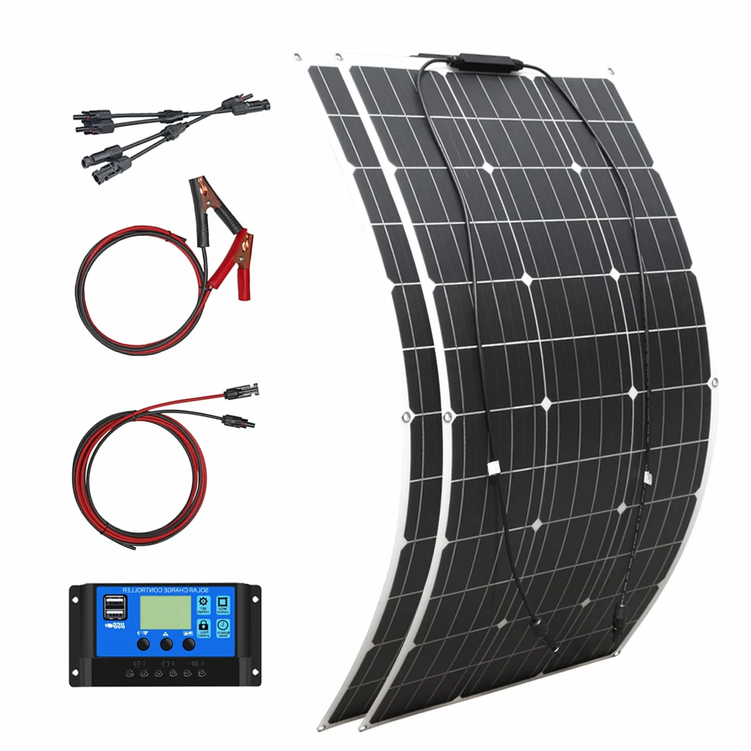 200W 12V zestaw elastyczny panel słoneczny 2x100W monokrystaliczny moduł fotowoltaiczny, kontroler ładowania 20A, do RV, przyczepy kempingowej, samochodu, łodzi, 12/24v akumulatora