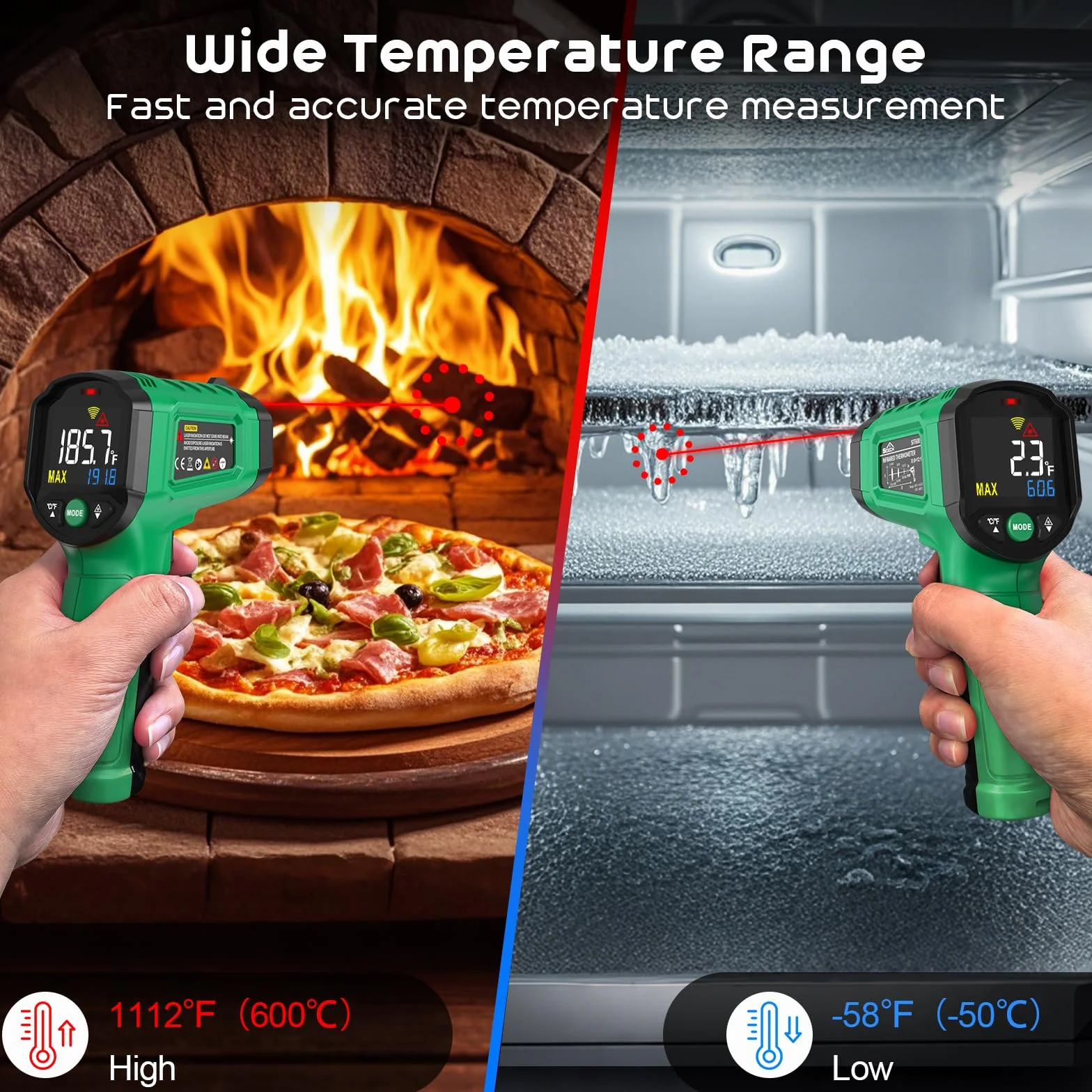 Termometr Na Podczerwień, SQECH Pistolet Z Termometrem Laserowym -50℃~600℃ (-58°F~1112°F), Pistolet Z Termometrem Na Podczerwień Z Kolorowym Podświetleniem, Odpowiedni Do Grillowania.(Zielony)