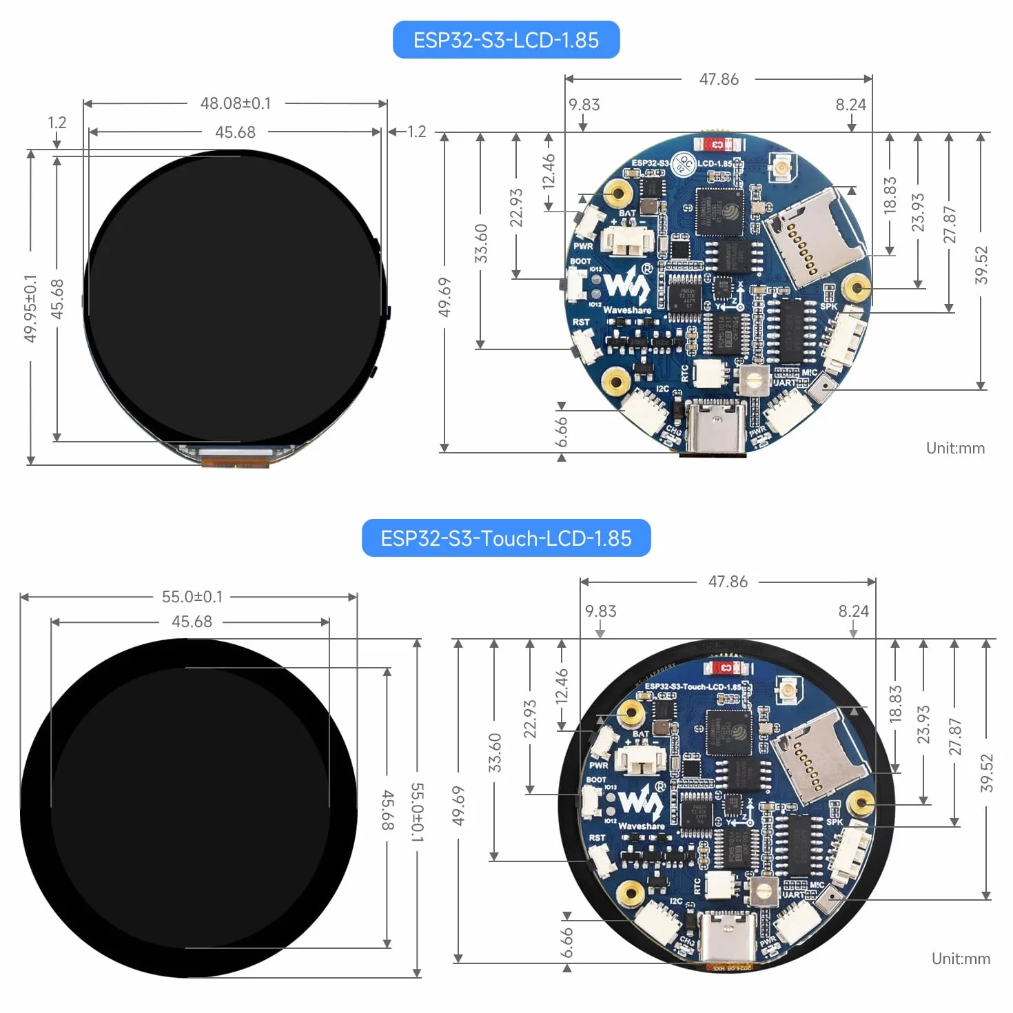 Waveshare ESP32-S3 1.85inch Touch Display Development Board 360x360 32-Bit LX7 Dual-Core 240MHz WiFi BT Accelerometer Gyroscope