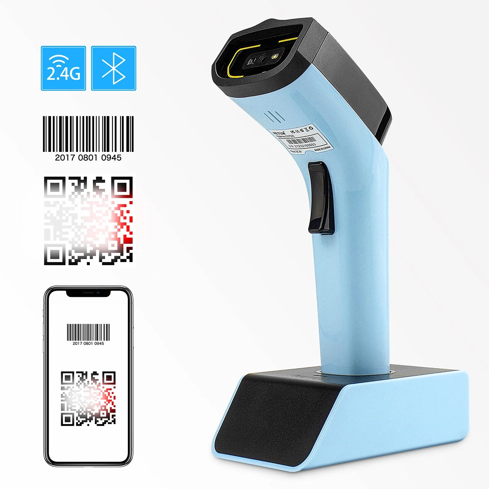 NETUM DS7500 Bezprzewodowy skaner kodów kreskowych 2D Bluetooth, z podstawą i wbudowaną pamięcią, działa z systemami MAC OS, Windows, iOS, Android, transfery do 50 metrów