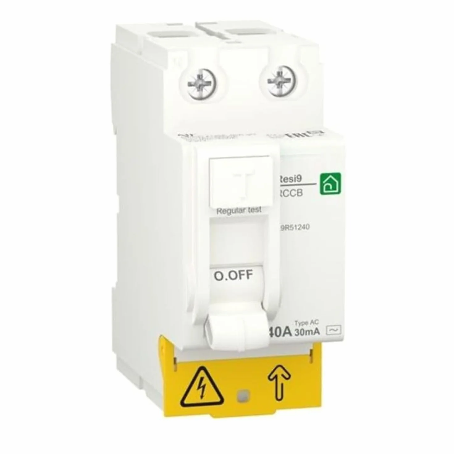 RASMACOR | Przełącznik różnicowy 2P 40A 30MA | R9R51240 | RESI9 | Typ AC | Czułość 30mA | Częstotliwość 50/60 Hz | Norma EN/IEC 61008-2-1 CE 2 bieguny 40 amperów