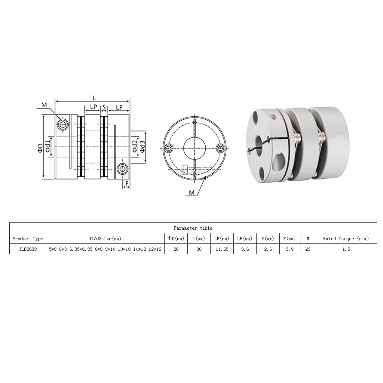 Elastyczne sprzęgło ze stopu aluminium podwójna membrana D26L30 12-12 mm