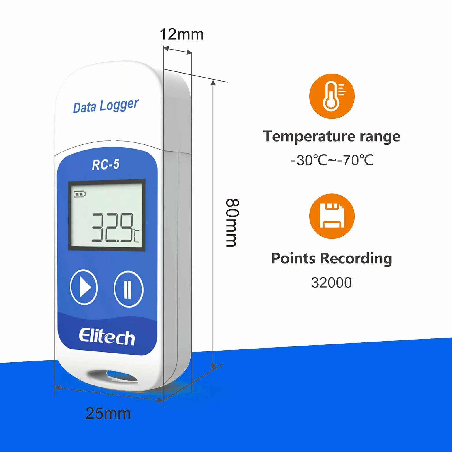 Elitech RC-5 (50 sztuk) czujnik temperatury, rejestrator temperatury, cyfrowy rejestrator USB z wyświetlaczem LCD, pojemność nagrywania 32000 punktów, -30°C do +70°C