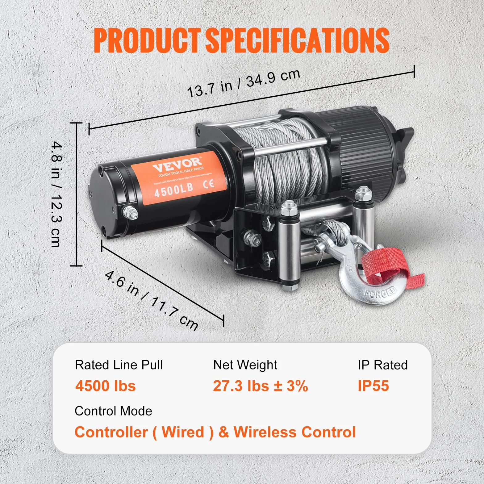 VEVOR Wciągarka elektryczna 12V 4500lb 2041kg IP55 Wodoodporna bezprzewodowy pilot