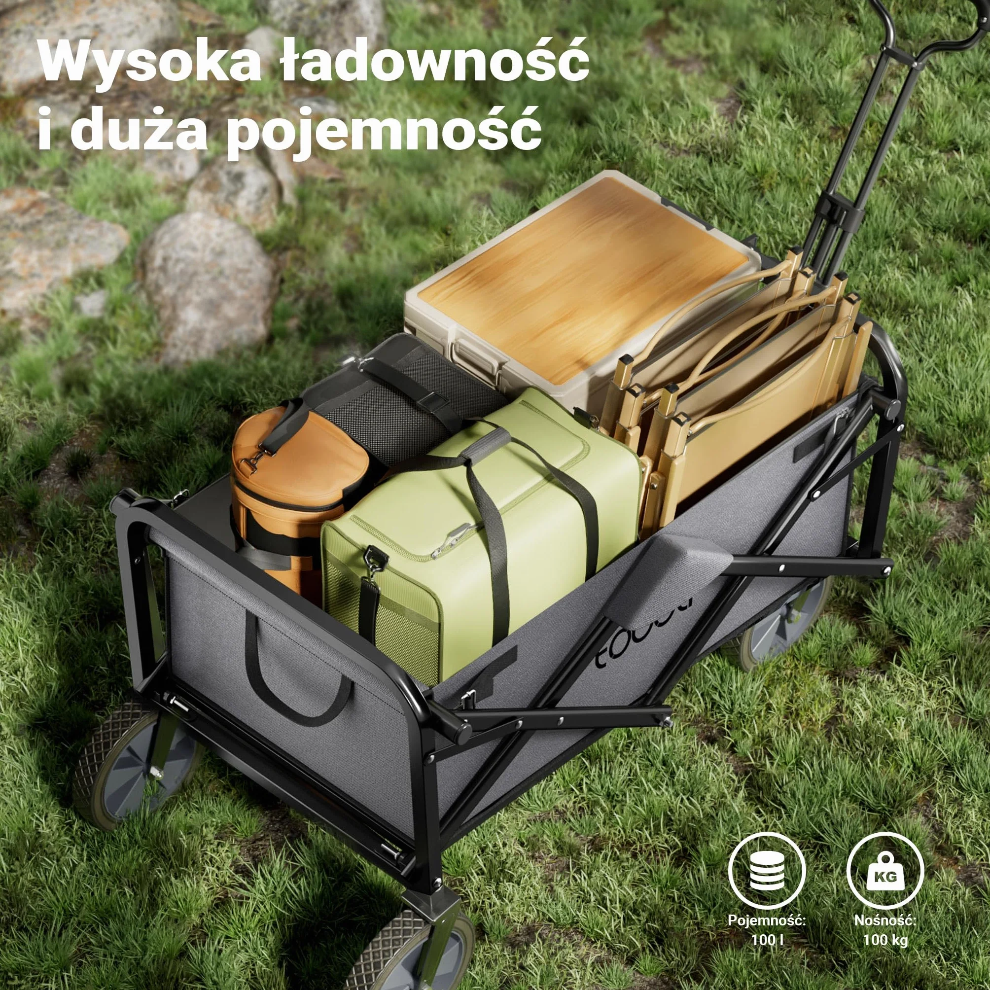 Składany wózek transportowy 100 kg szary kompaktowa przyczepka kempingowa terenowy ogrodowy