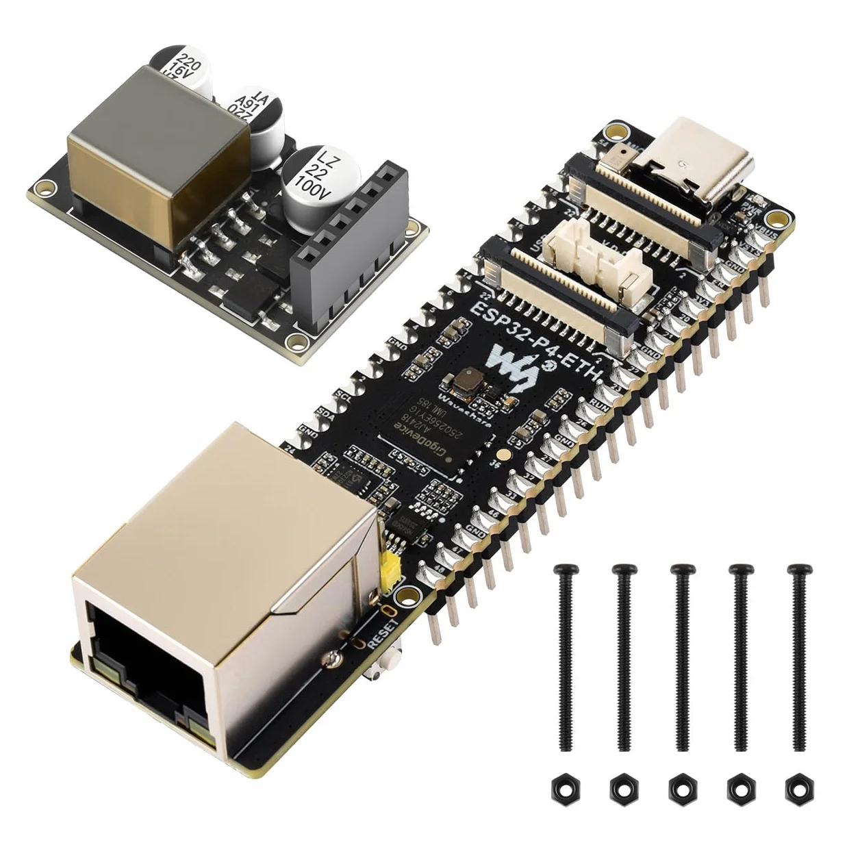 Waveshare ESP32-P4-ETH High-Performance Development Board, Based On ESP32-P4, with 100 Mbps RJ45 Ethernet Port, with Pre-Solder Pin Headers, Bundle with a PoE Module, 3 Items
