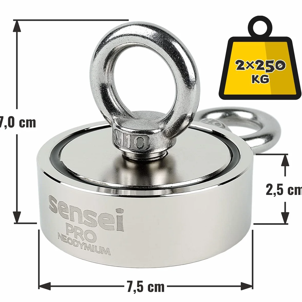 SENSEI Zestaw Magnes Neodymowy N52 500 kg Dwustronny z Uchwytami Ø7,5 cm Lina 25 m Rękawice