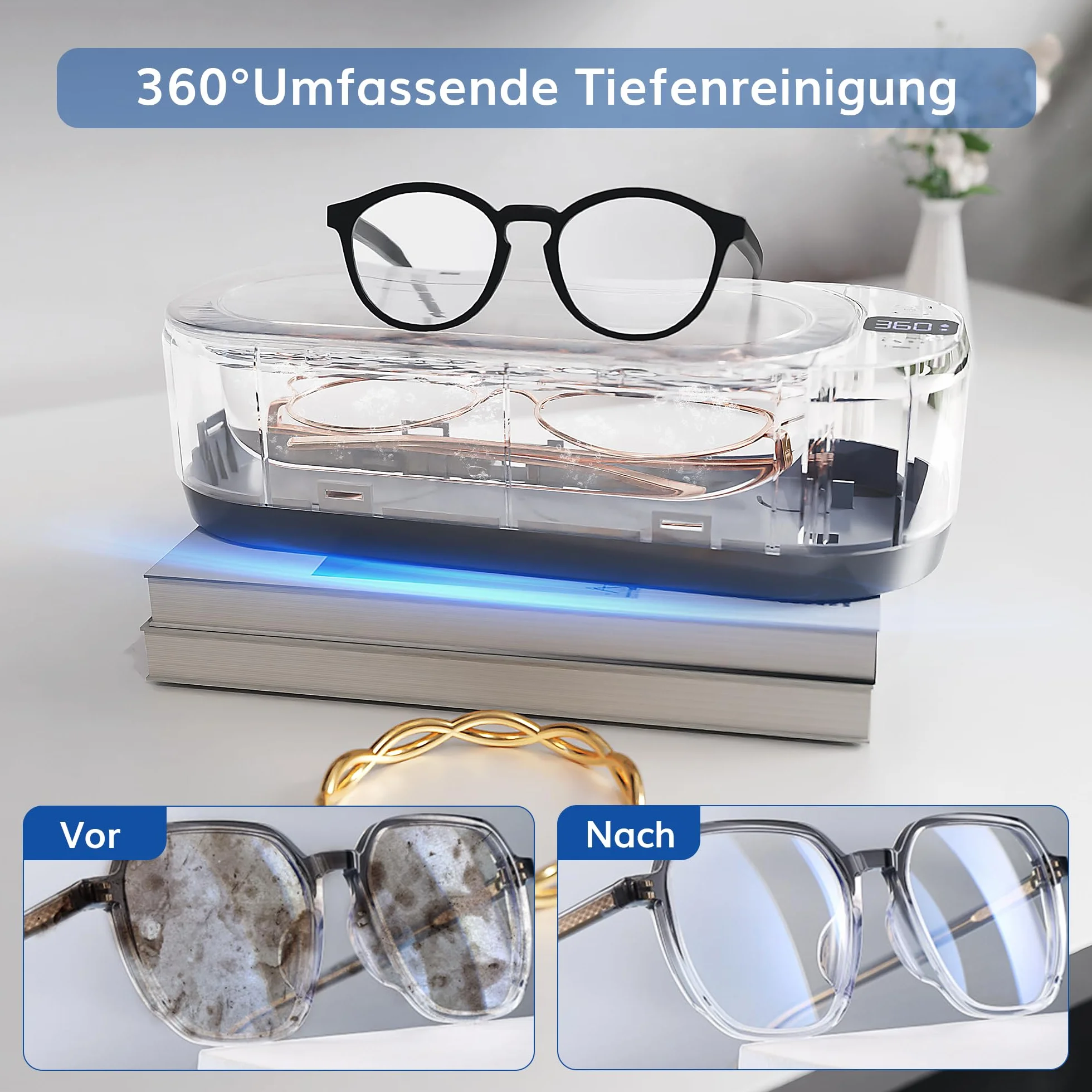 Kunphy Ultradźwiękowe urządzenie do czyszczenia okularów, 48000 Hz, 350 ml, z cyfrowym timerem, ultradźwiękowe urządzenie do czyszczenia okularów, biżuterii, szyn zębowych, monet