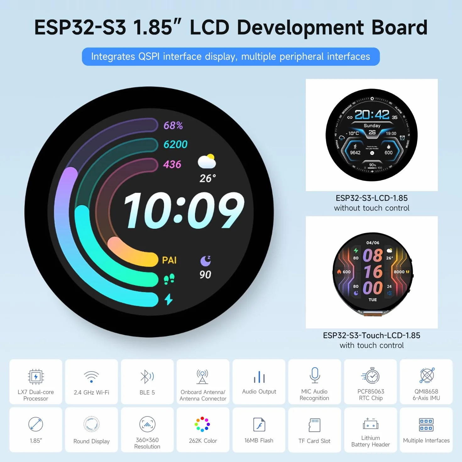 Waveshare ESP32-S3 1.85inch Touch Display Development Board 360x360 32-Bit LX7 Dual-Core 240MHz WiFi BT Accelerometer Gyroscope