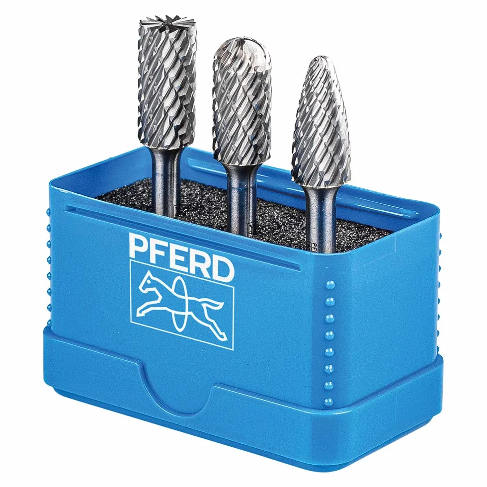 PFERD Zestaw frezów HM, 3-częściowy, uzębienie Allround, trzpień ø 6 mm, kołek do frezowania ø 12 mm, 21901414 – do wszechstronnego zastosowania na najważniejszych materiałach