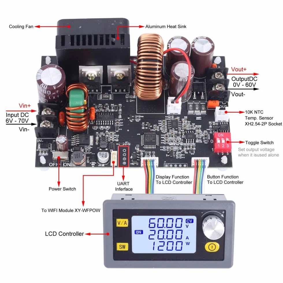 XY-6020L 1200 W DC-DC Step Down Power Supply Module 6-70 V 0-60 V 0-20 A CVCC regulowany transformator napięcia LCD