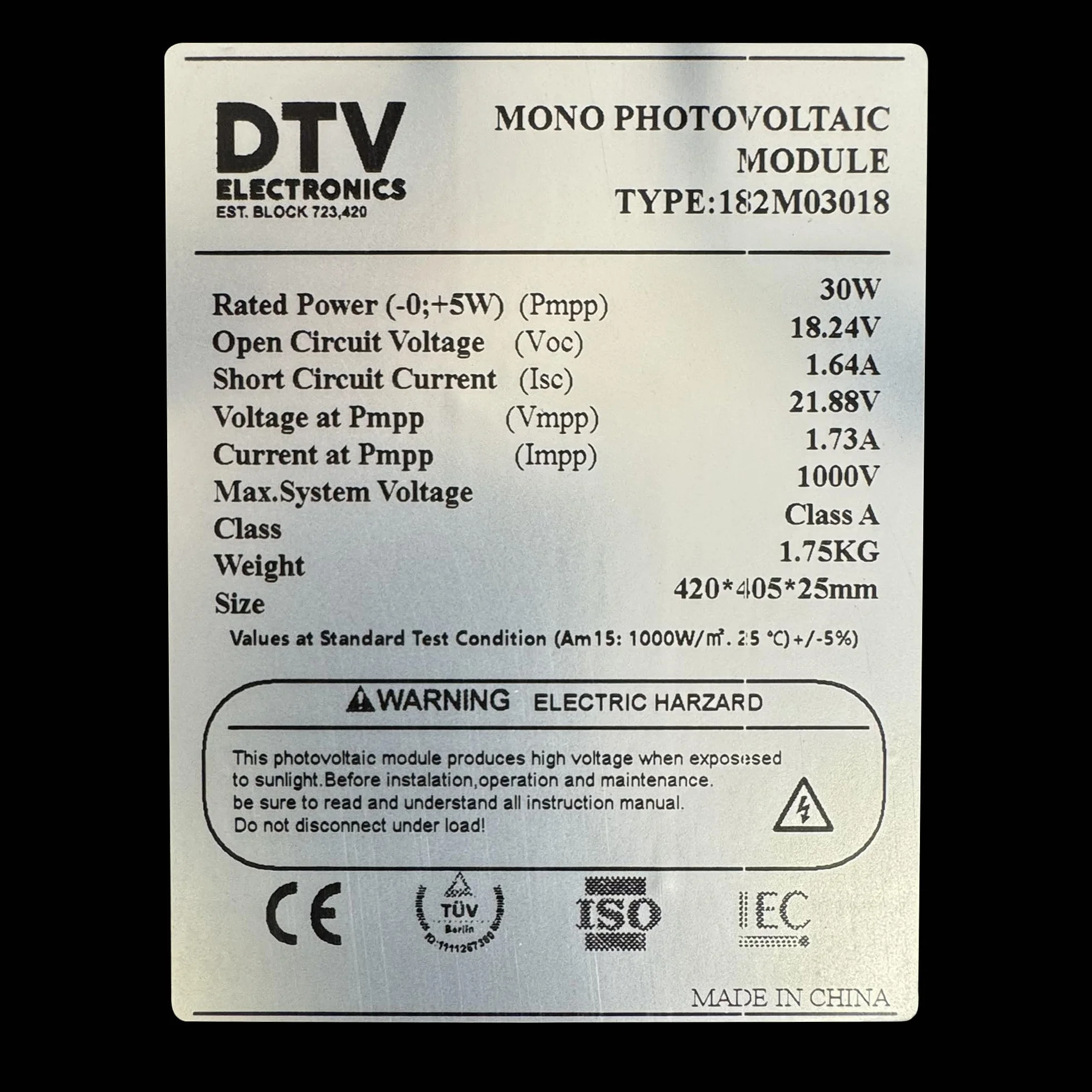 Panel słoneczny 30 W monokrystaliczny DTV Electronics do przyczepy kempingowej ładowarka akumulatorów 18 V MC4