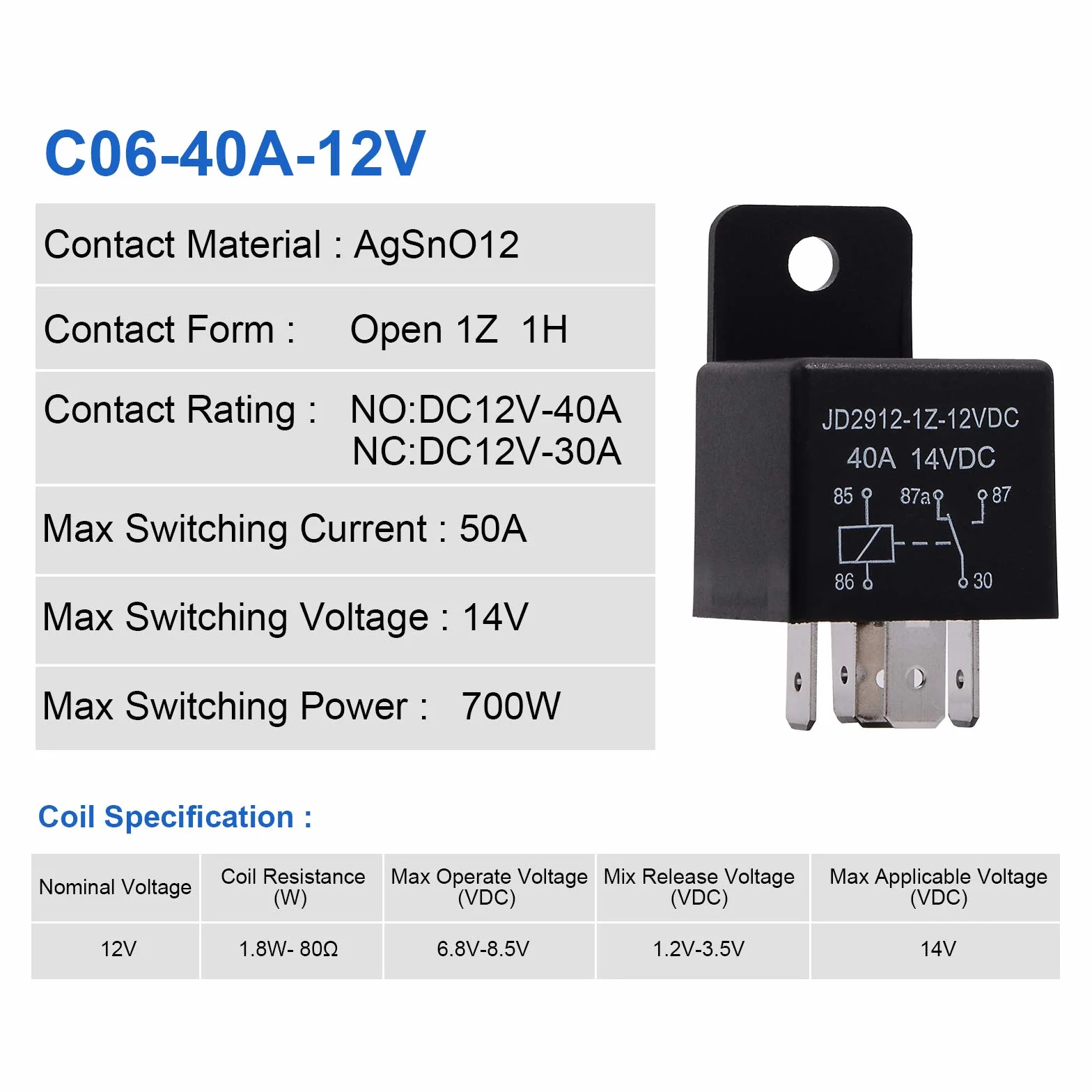 Ehdis® 5-pinowy przekaźnik silnika 12 V cewka 40 A Spdt Numer modelu: JD2912-1Z-12VDC 40A 14VDC, przekaźnik zasilania przełącznik, automatyczne przełączniki i rozruszniki, pakiet