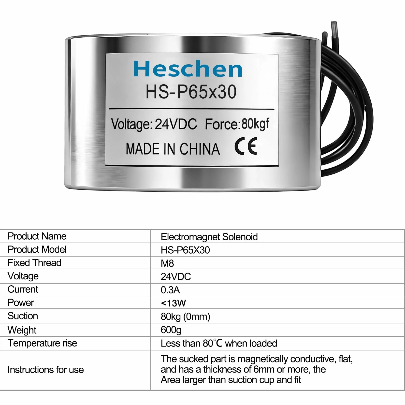 Heschen elektromagnes elektromagnetyczny elektromagnetyczny P65/30, OD: 65 mm, DC 24 V, 80 kg / 176 funtów