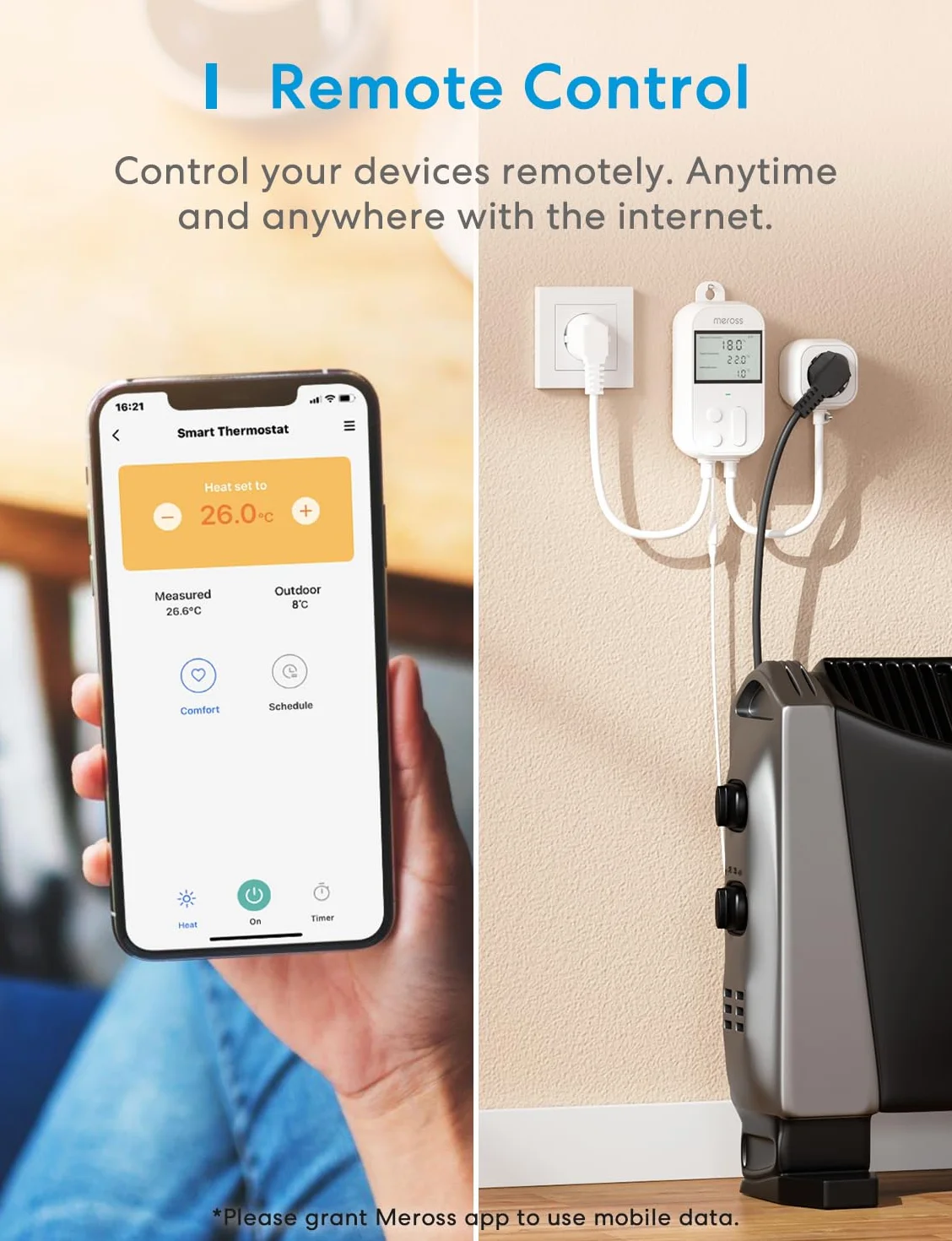 Meross Regulator temperatury, inteligentny termostat, gniazdko elektryczne do HomeKit Digital Wi-Fi, WiFi, termostat ogrzewania z czujnikiem do ogrzewania i chłodzenia 16 A, 2,4 GHz
