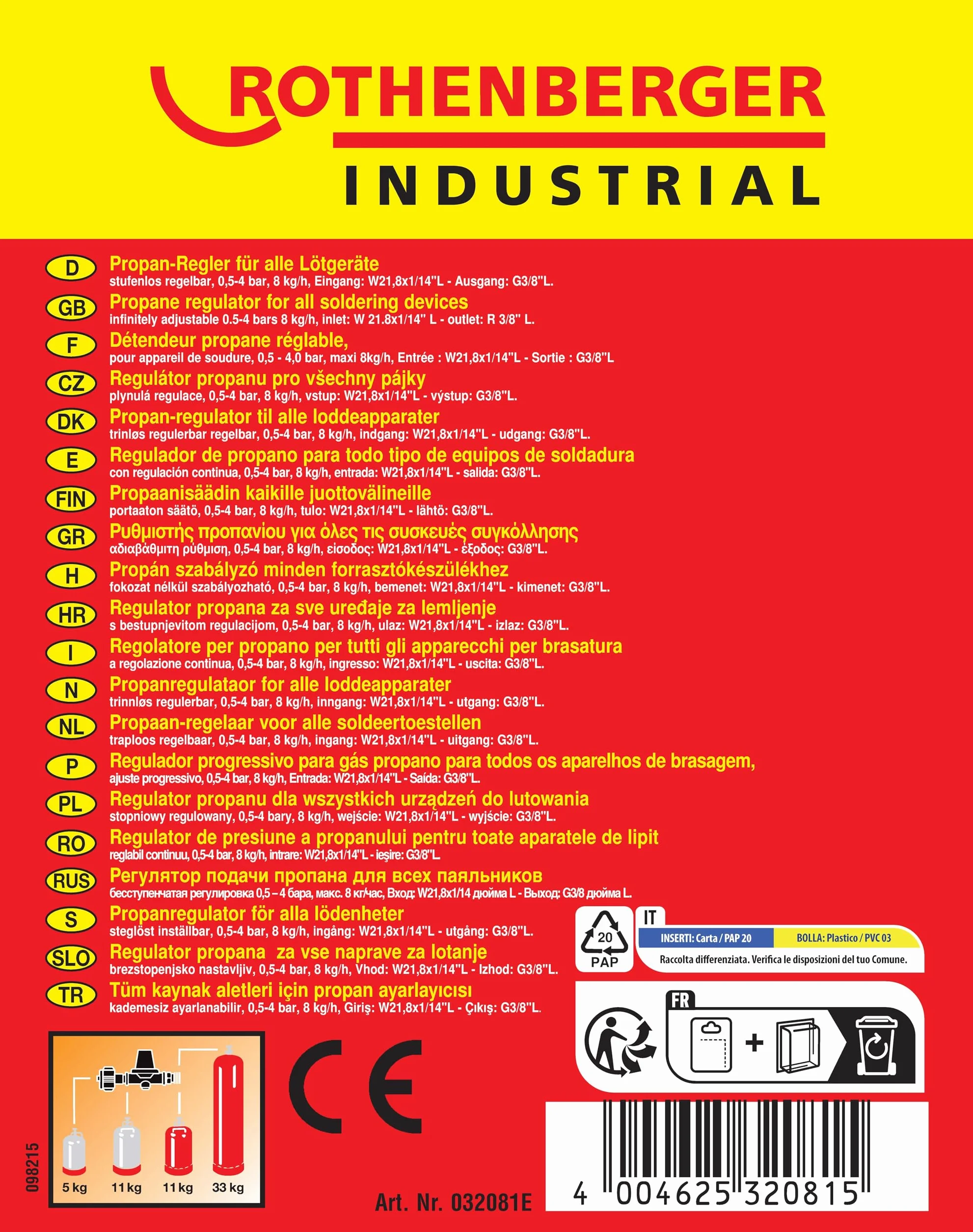 ROTHENBERGER Industrialny – regulator propanu – regulowana bezstopniowo; 0,5-4 barów; W21, 8x1/14" L/G 3/8" L, 032081E