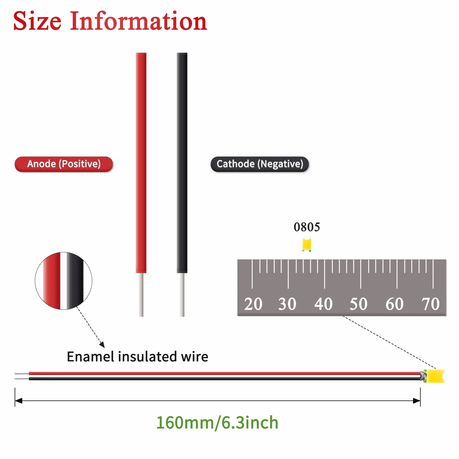 DiCUNO 100 szt. 0805 lutowana mini dioda LED, 20 mA wstępnie okablowane SMD mikro diody LED, przewody mikro-żyłowe 16 cm, idealne do modelarstwa, układu modeli, dekoracji, DIY itp., 10 różnych kolorów