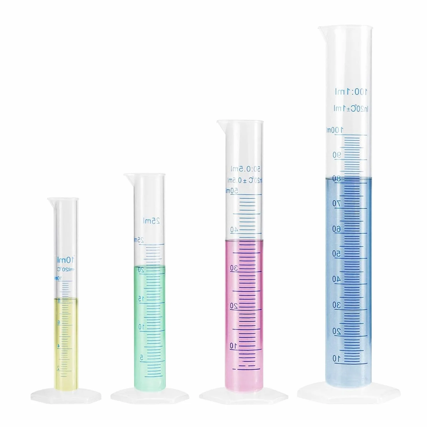 LATRAT Plastikowy zestaw 4 cylindrów ze skalą 10/25/50/100 ml do laboratoriów naukowych chemia narzędzia pomiarowe kuchnia