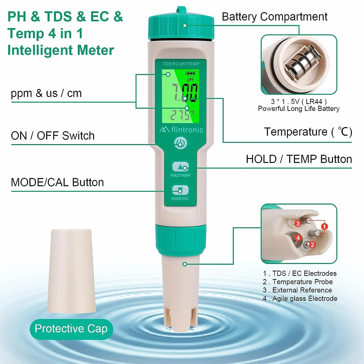 Flintronic Elektroniczny miernik PH 4 w 1, miernik PH z podświetleniem LCD, tester jakości wody do testowania pH/TDS/EC/temperatury, do wody pitnej/akwariowej/basenu