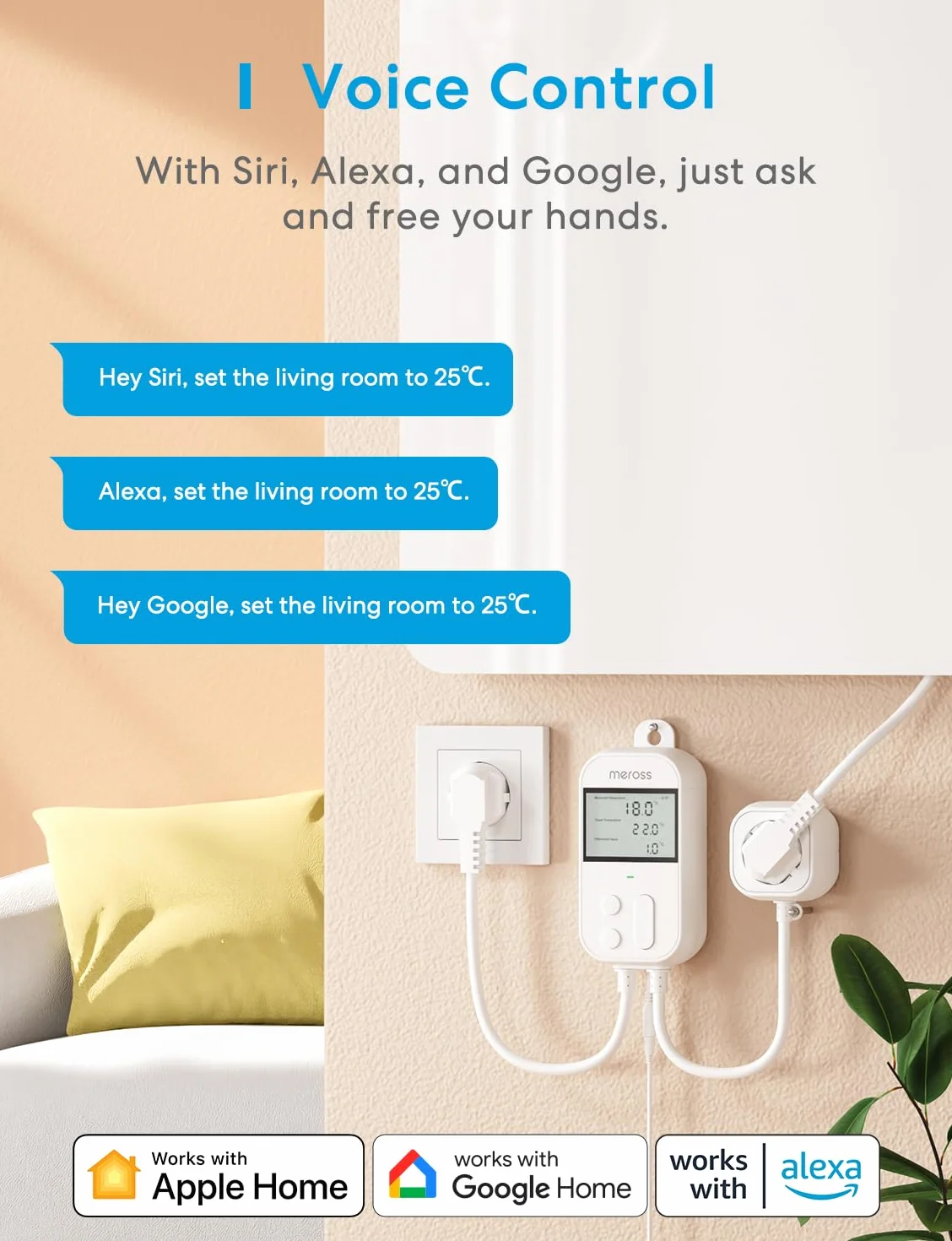 Meross Regulator temperatury, inteligentny termostat, gniazdko elektryczne do HomeKit Digital Wi-Fi, WiFi, termostat ogrzewania z czujnikiem do ogrzewania i chłodzenia 16 A, 2,4 GHz