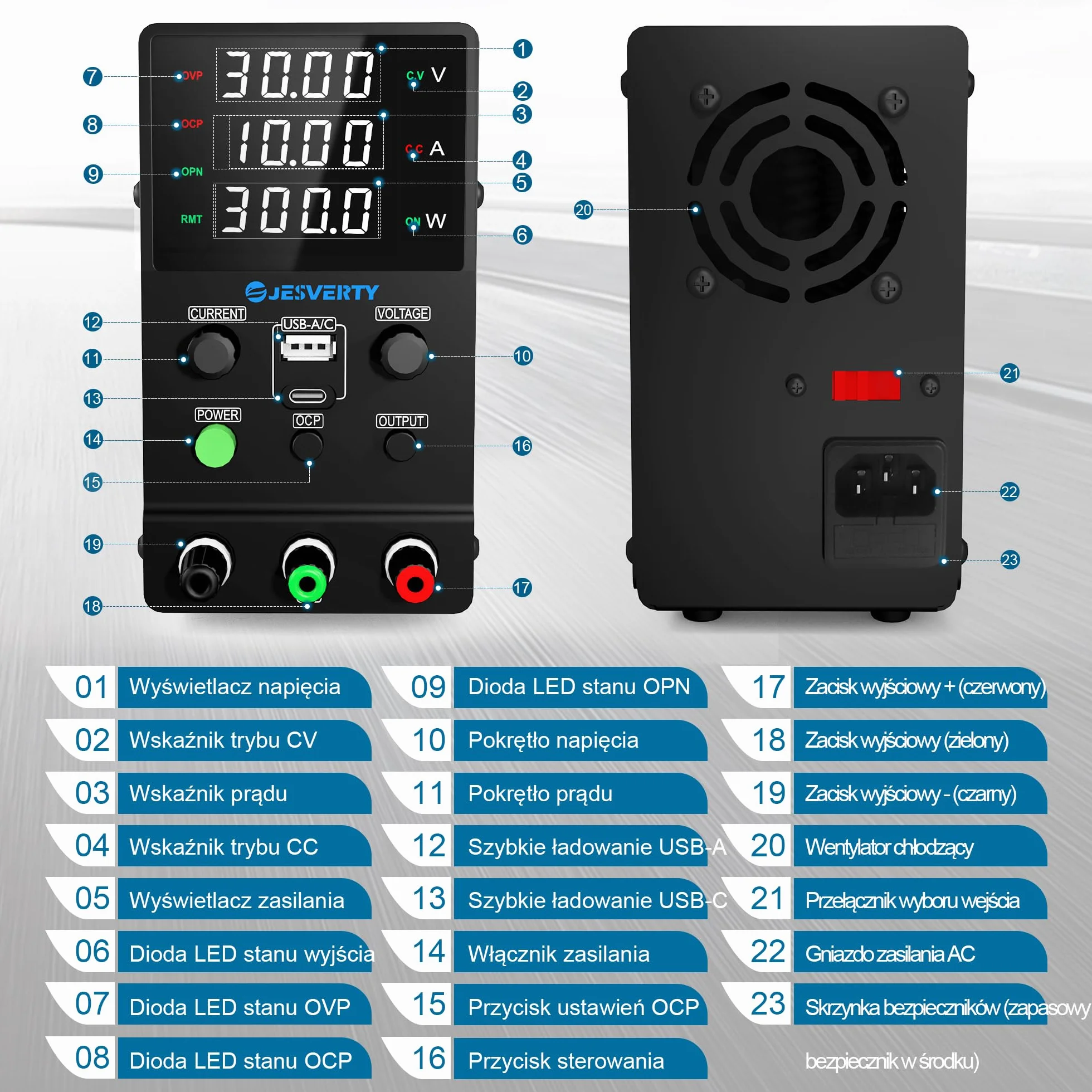 Zmienny zasilacz DC, 0-30V 0-10A Regulowany przełączany zasilacz stołowy z regulacją DC z szybkim ładowaniem USB i typem C, pokrętło enkodera, włącznik/wyłącznik wyjścia, 4-cyfrowy wyświetlacz LED