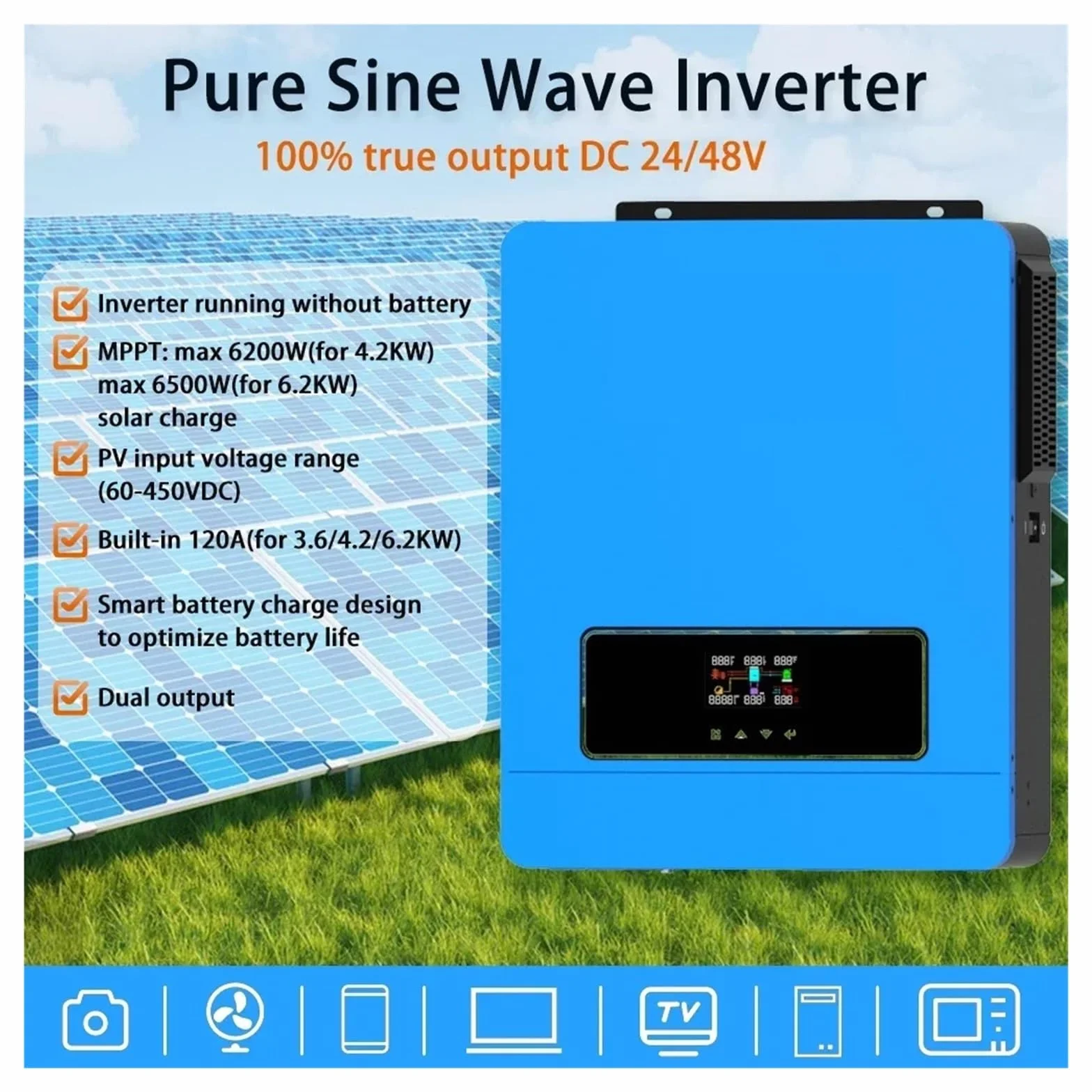 6,2KW 4,2KW Hybrydowy Falownik Solarny On Off Grid Czysta Fala Sinusoidalna Falownik 24V 48V 230V Podwójne Wyjście MPPT 120A Ładowarka Słoneczna Zróżnicowane Zastosowania(4.2KW 24vdc,Without WIFI)