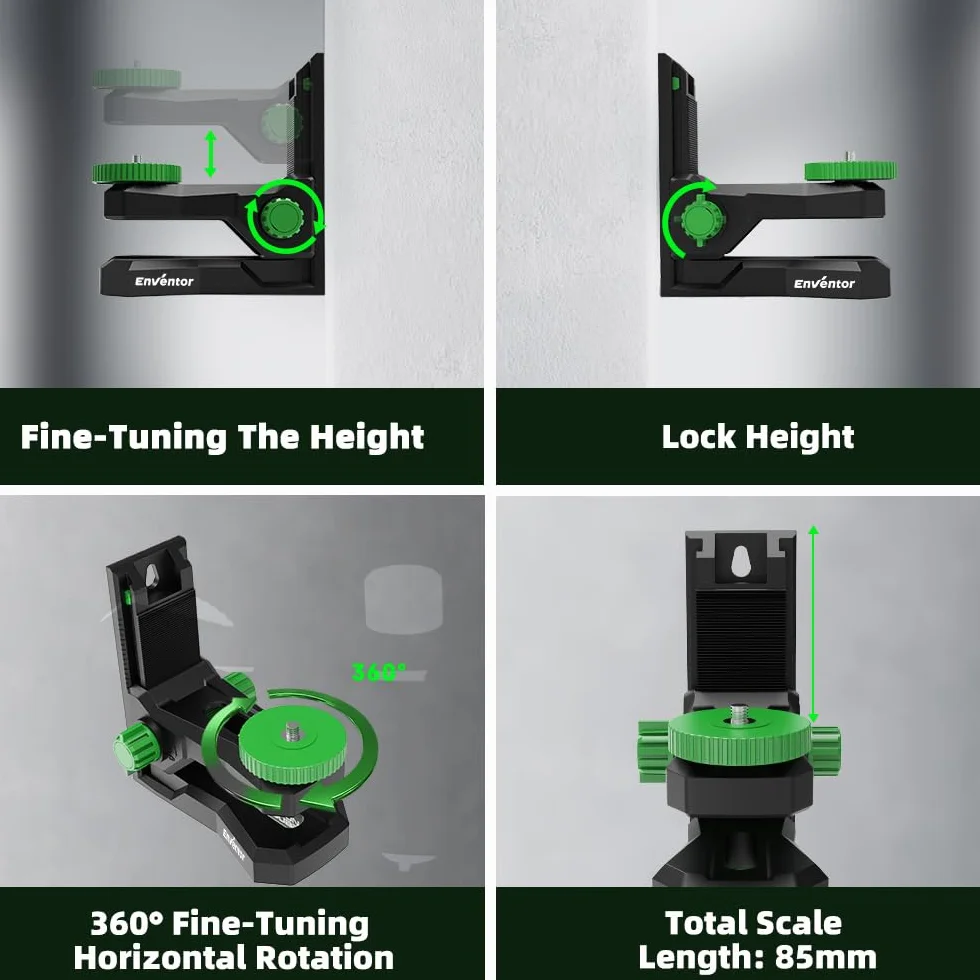 Enventor Laser Level Wall Mount Magnetic Adjustable Bracket 360° Rotating Base with Height Lock 1/4" 5/8" Threads