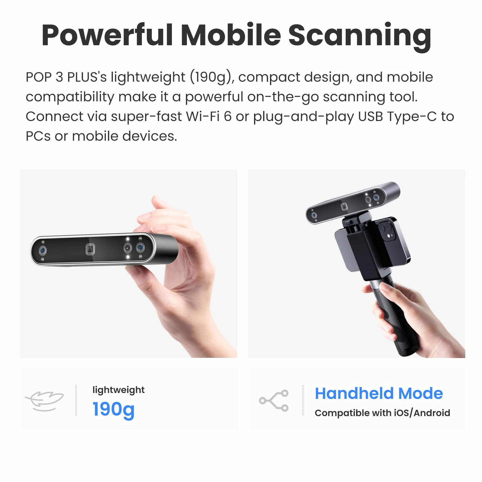 Revopoint POP 3 Plus 3D Scanner for 3D Printing, Portable 3D Model Scanner Up to 18FPS Scanning Speed with 0.04mm High Precision, Full-Color Scan for Medium Object, STANDARD