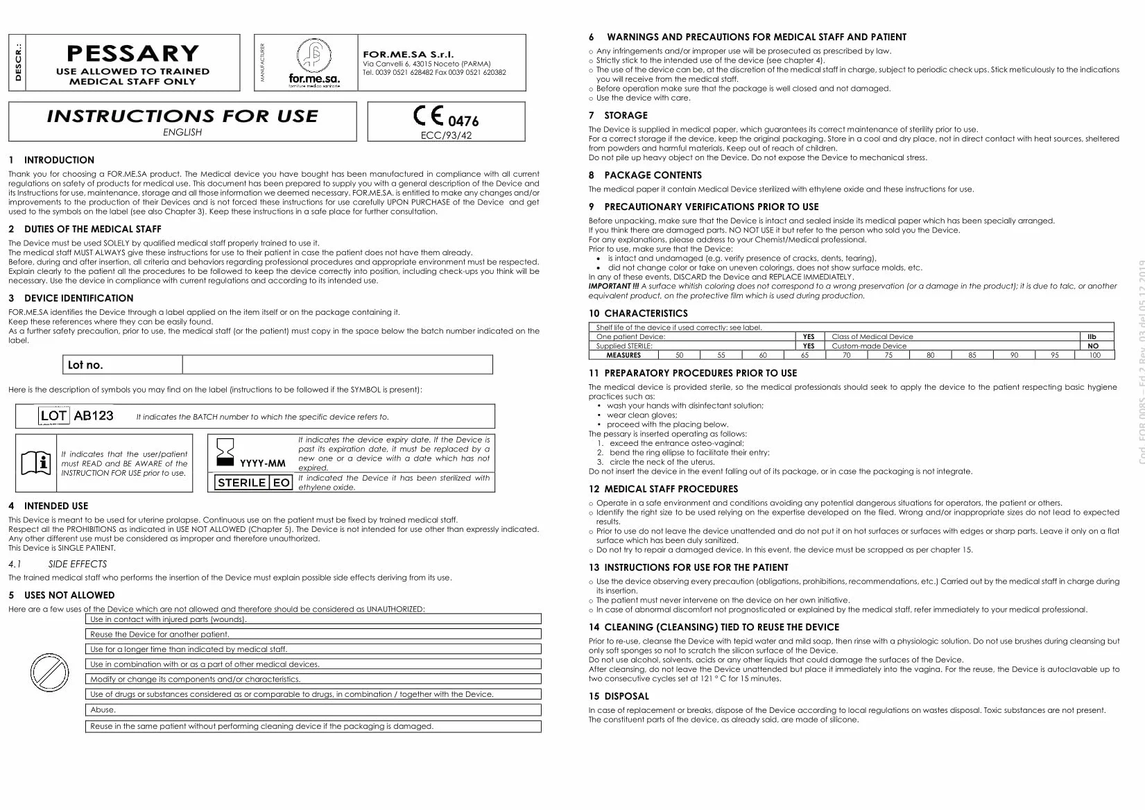 GIMA FOR.ME.SA. - Pessar silikonowy niebieski, do wypadania macicy, 70 mm, sterylny, 29905