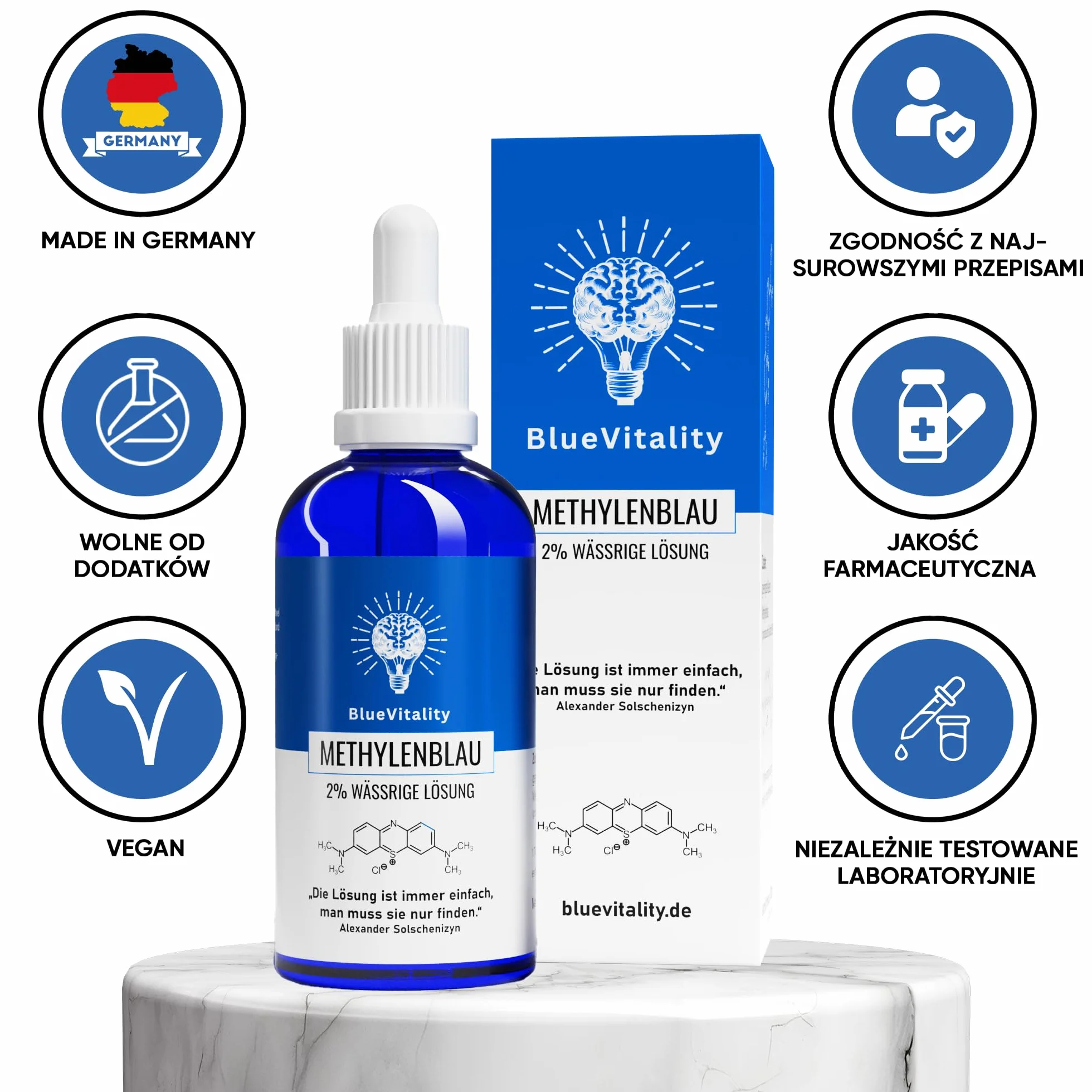 2% | podwójne stężenie | 100ml roztworu błękitu metylenowego 2% | jakość farmaceutyczna | 100% czystości USP | Made in Germany | niezależnie testowany laboratoryjnie | pipeta w zestawie