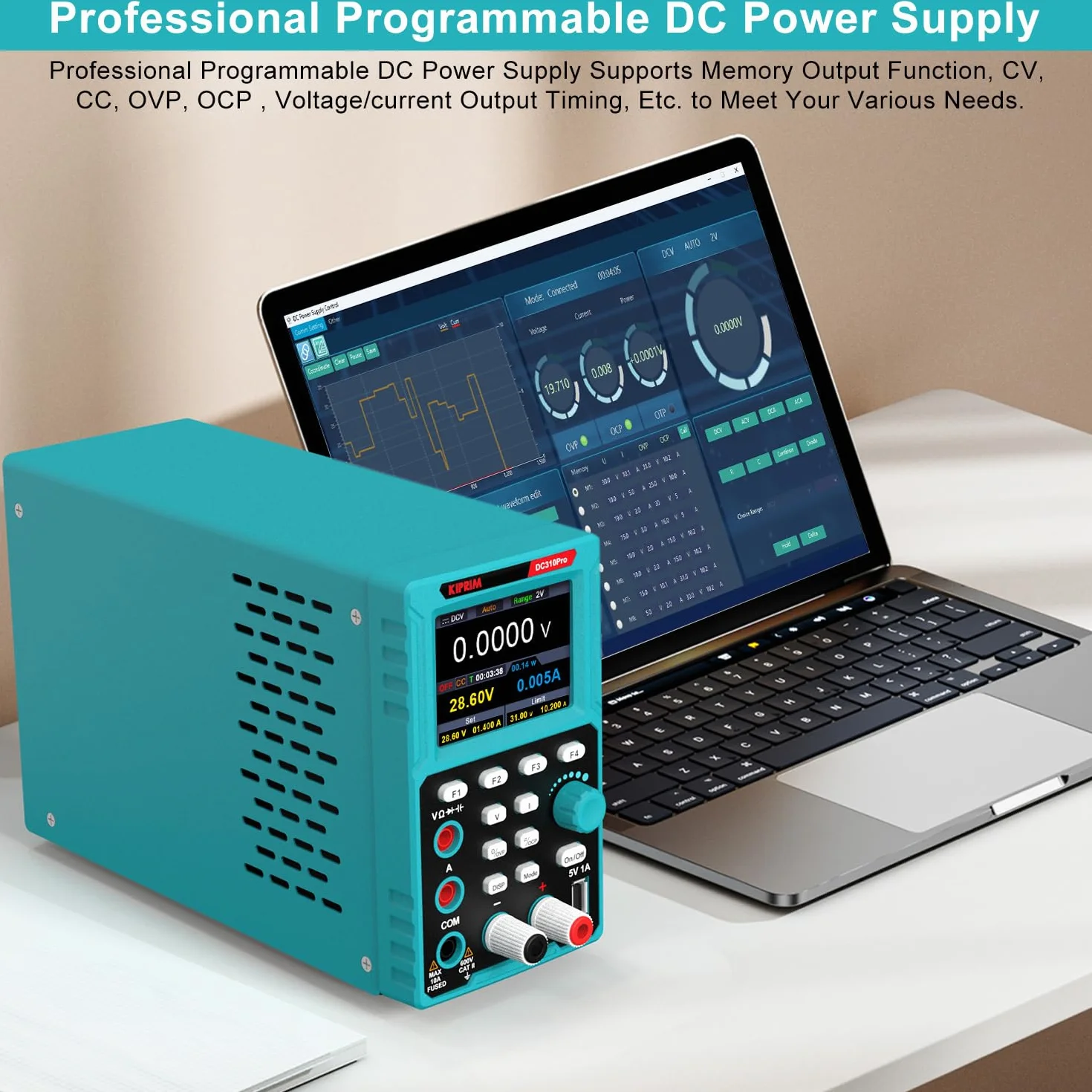 Kiprim Zasilacze laboratoryjne 2 w 1 i programowalny multimetr (0-30 V, 0-10 A) DC310Pro regulowane zasilacze z pamięcią danych, OCP, OVP, oprogramowaniem PC i ładowaniem USB