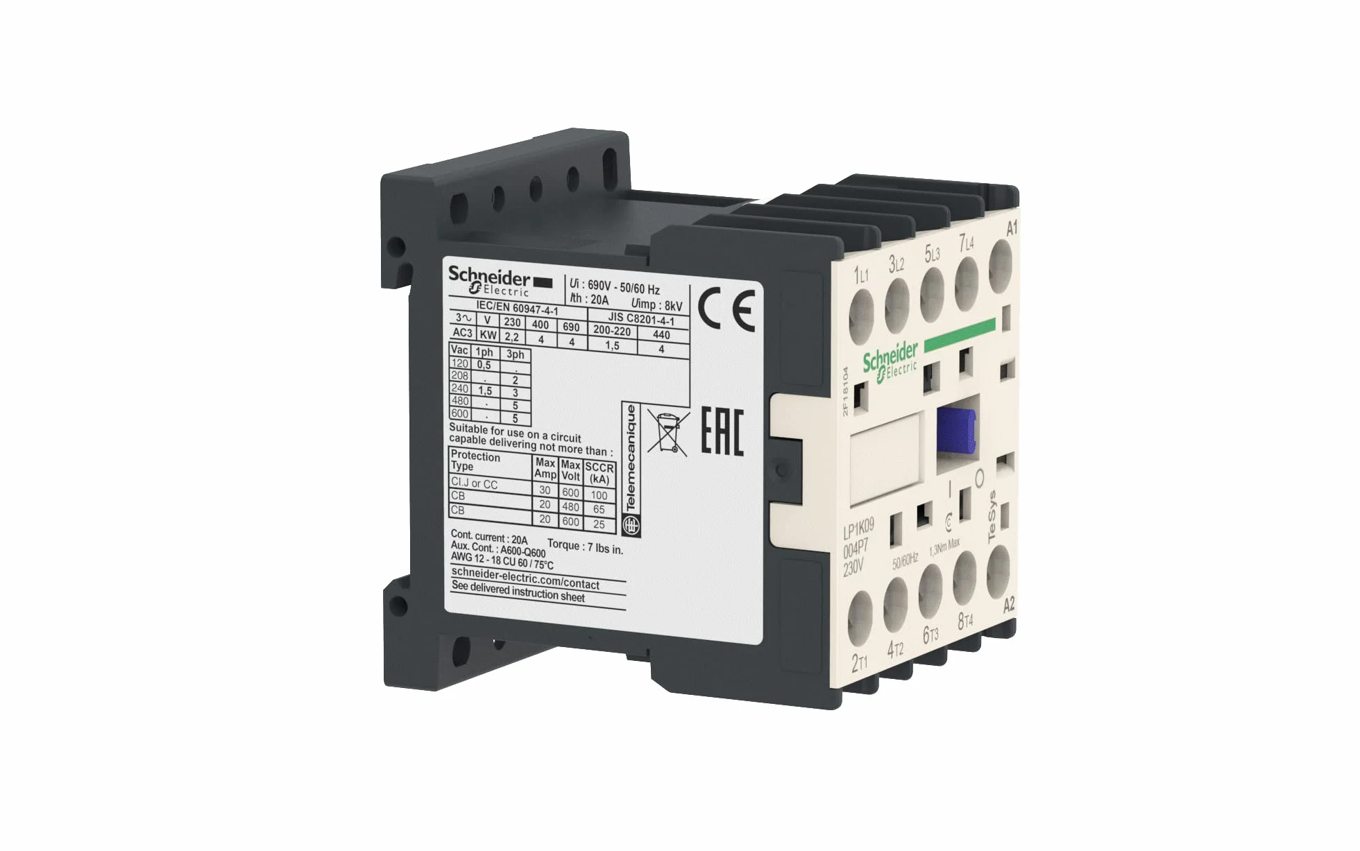 Schneider LC1K09004P7 stycznik mocowy 4P 20A AC1 230V 50/60Hz